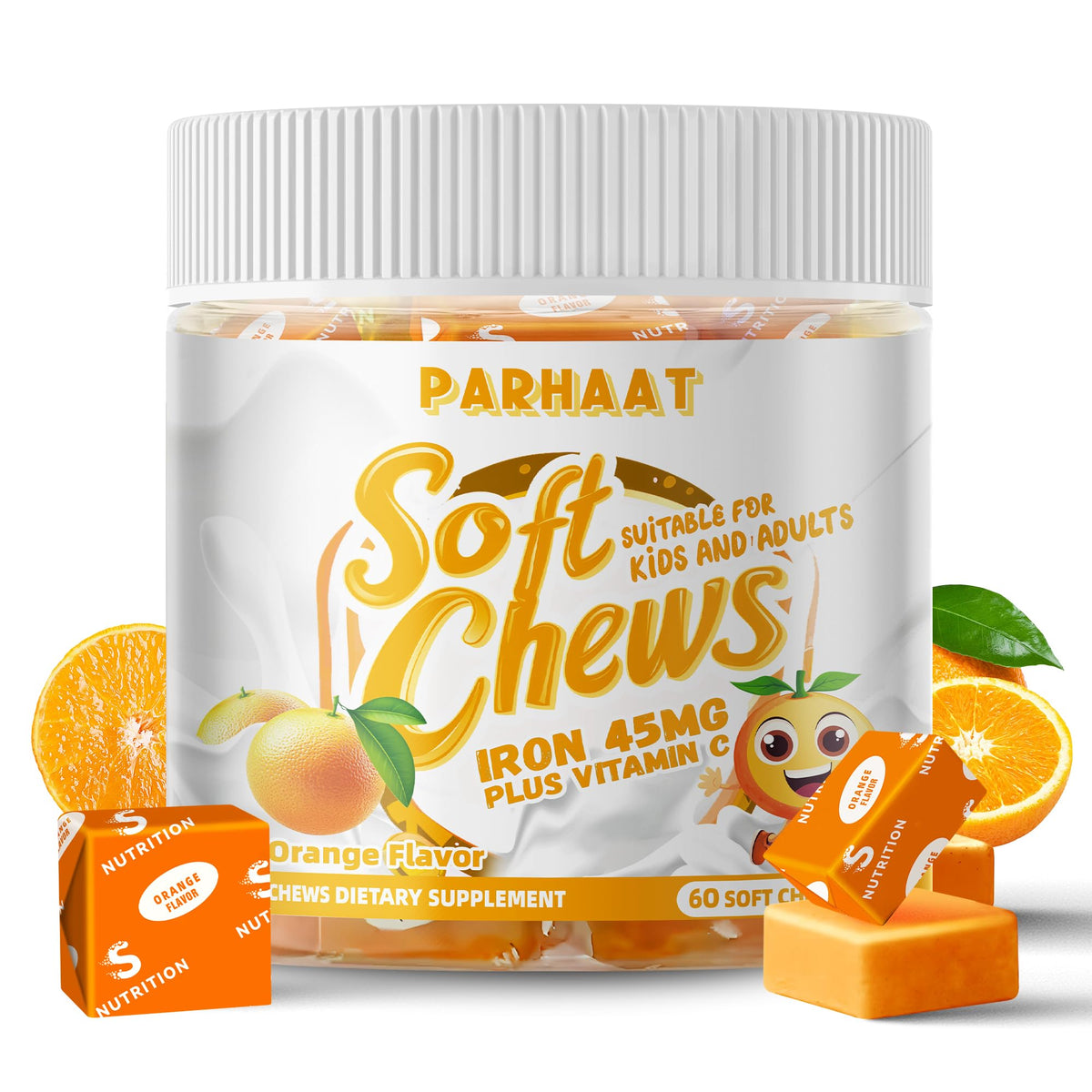 Parhaat gommes de fer douces en bouteille orange, énergie quotidienne possible.