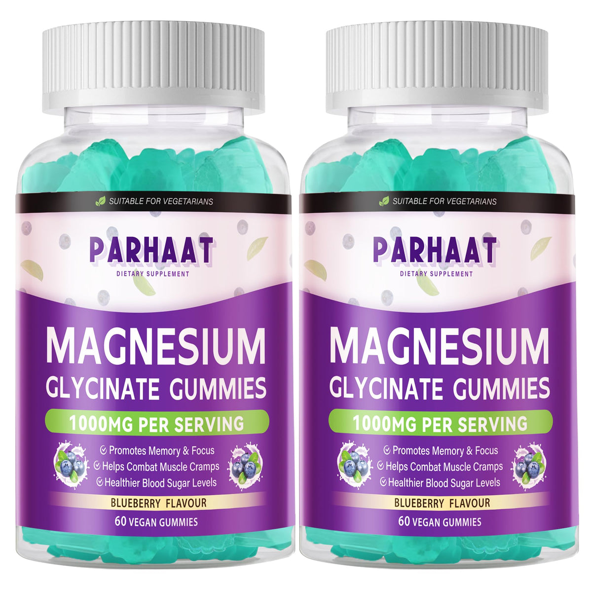 Parhaat Magnésium Glycinate Gummies en bouteille bleue, soutien potentiel au bien-être.