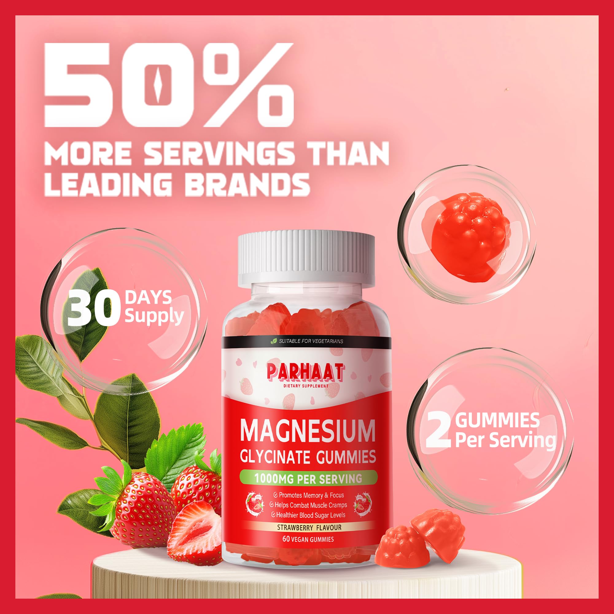Parhaat gommes magnésium glycinate, goût framboise naturelle, plaisir sans sucre.