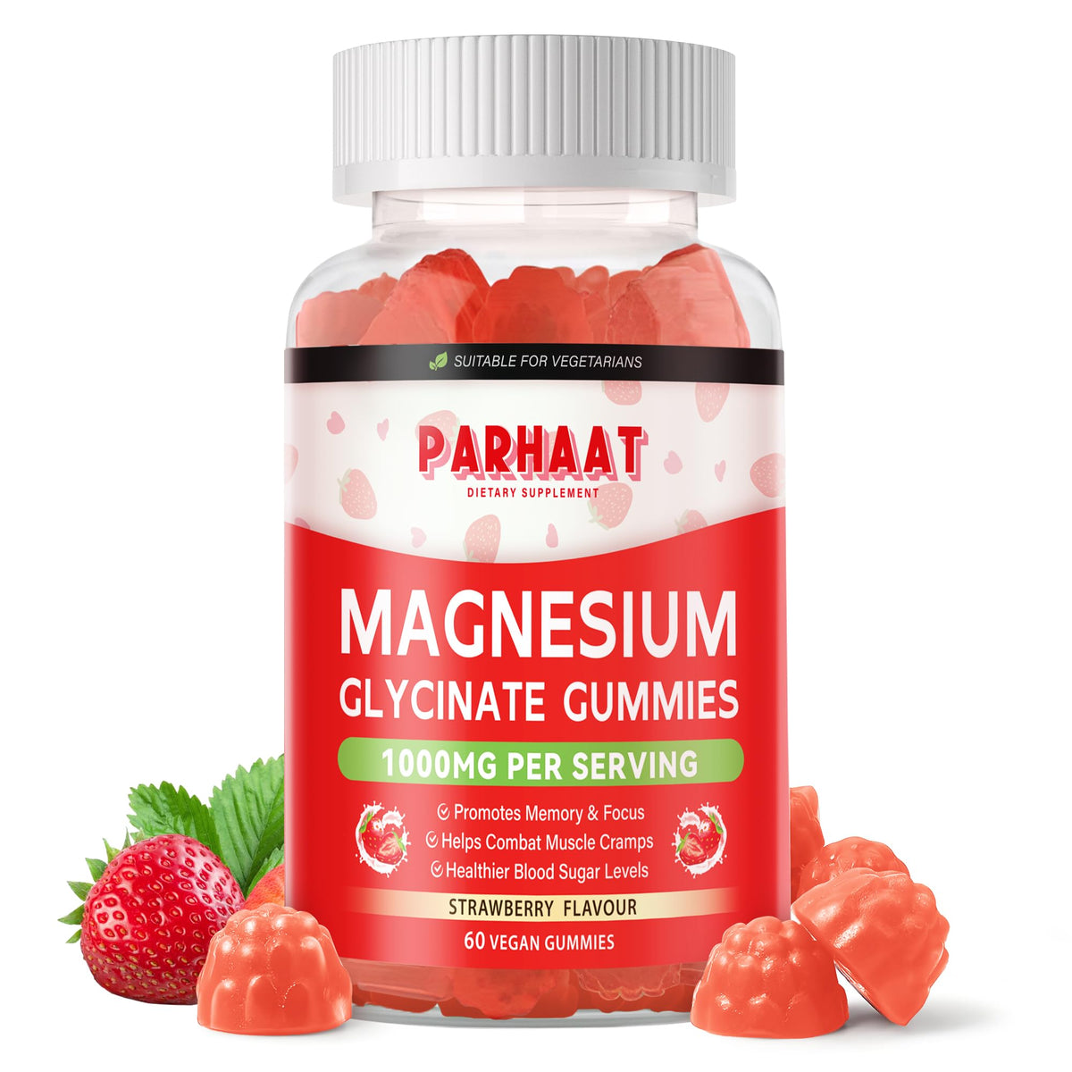 Parhaat gommes magnésium glycinate fraises, goût fruité et soutien potentiel au bien-être.