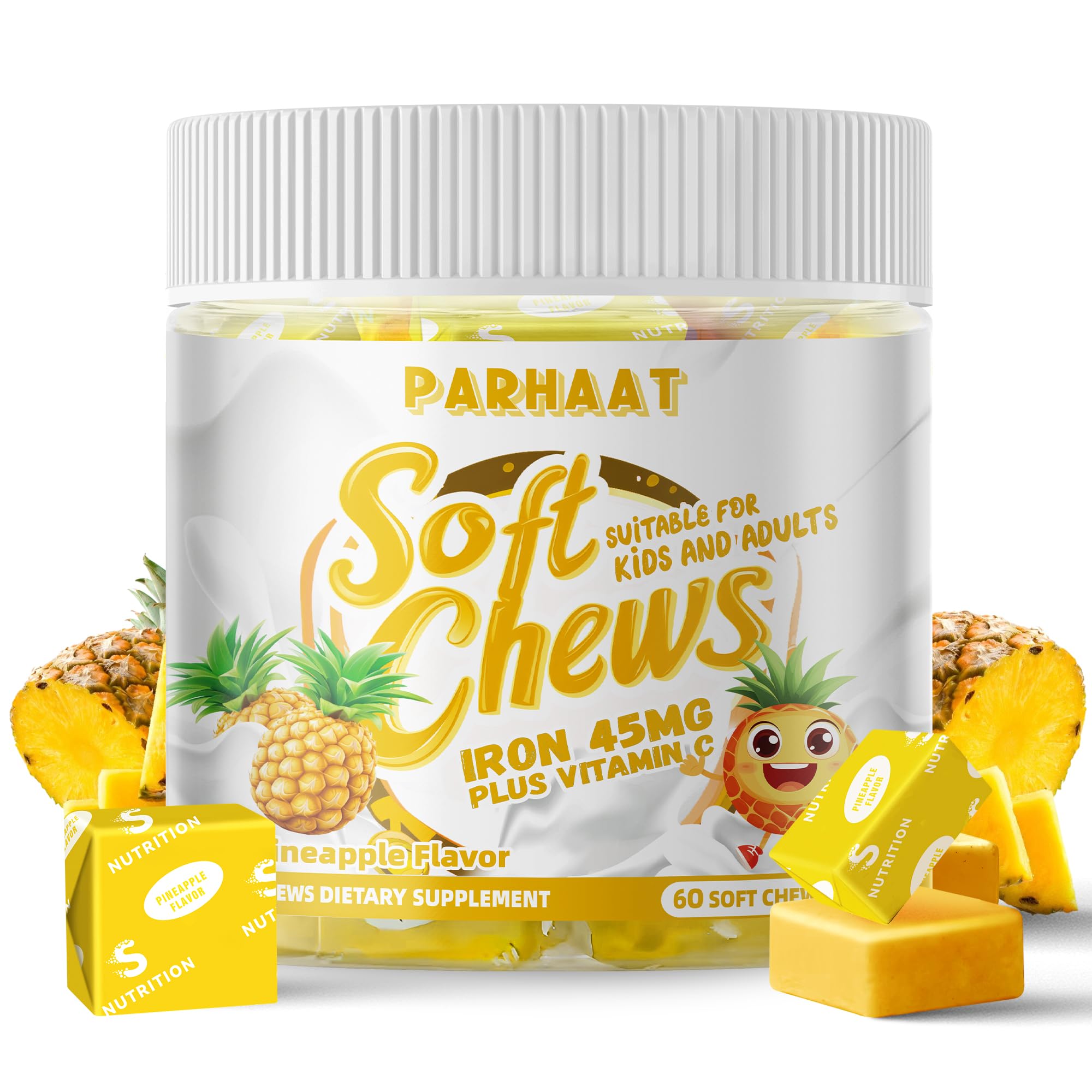 Parhaat Iron Soft Chews en bouteille, pratique pour énergie quotidienne.
