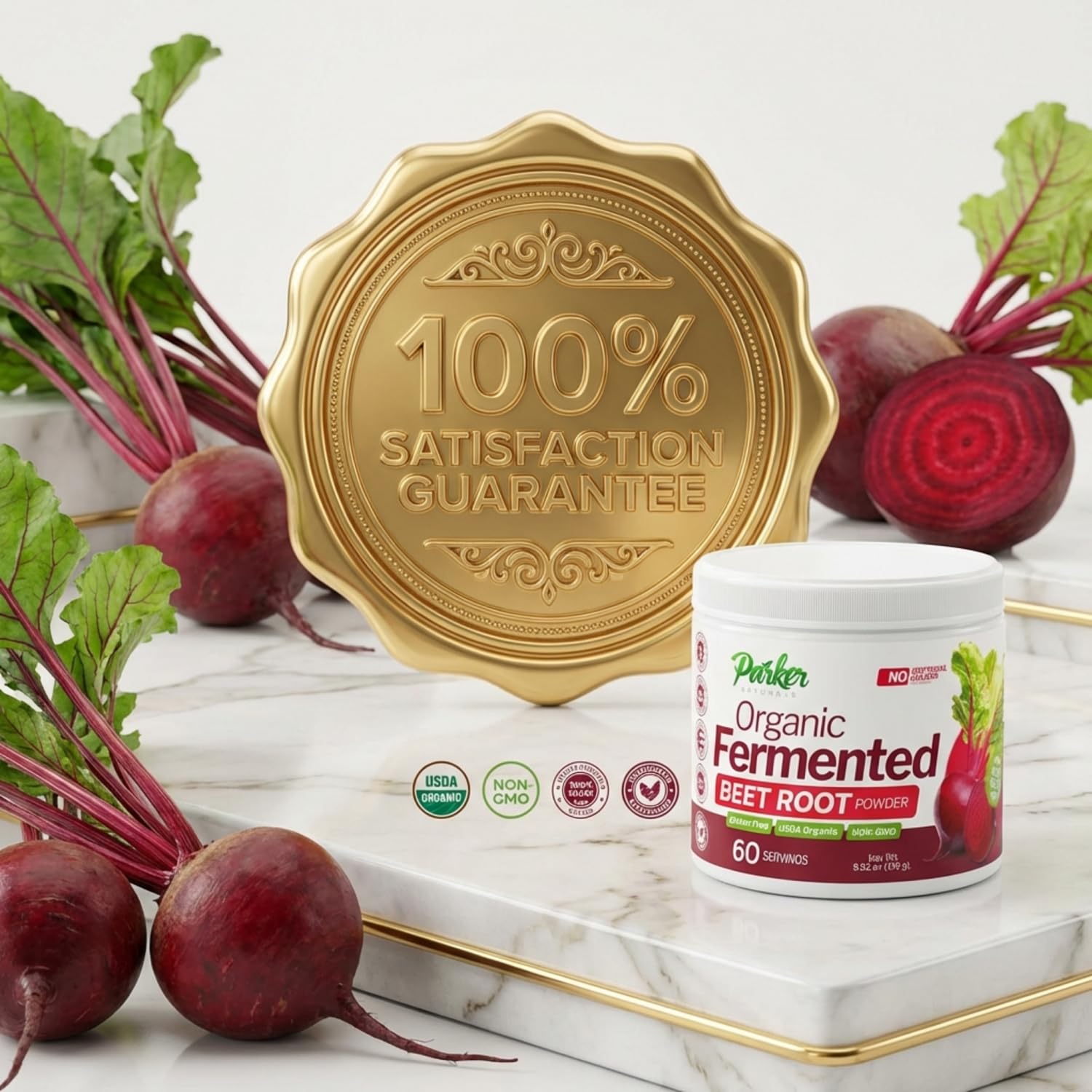 Ingrédients naturels Parker Naturals betterave fermentee et potassium pour vitalité.