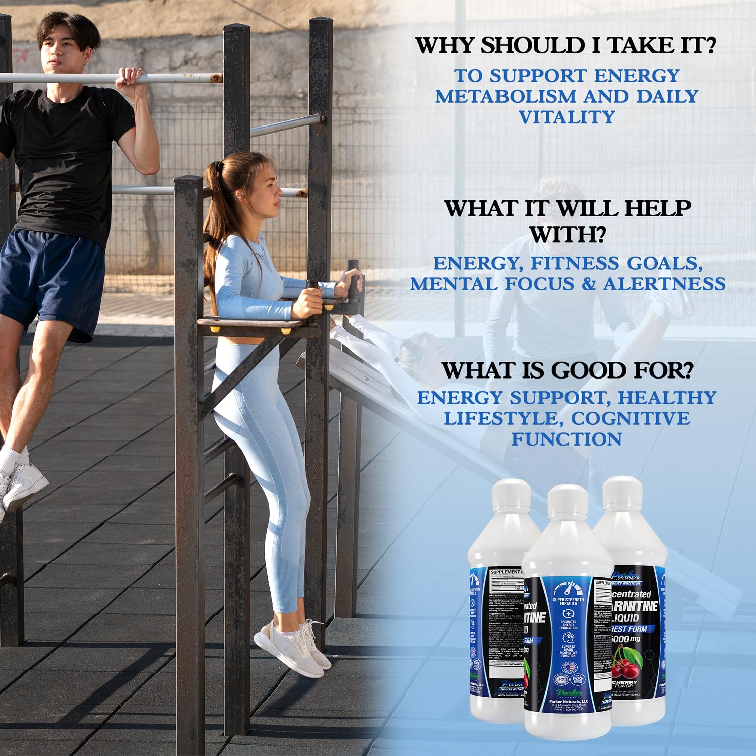Parker Naturals L-Carnitine liquide, doseur pratique, prise quotidienne facilitée.