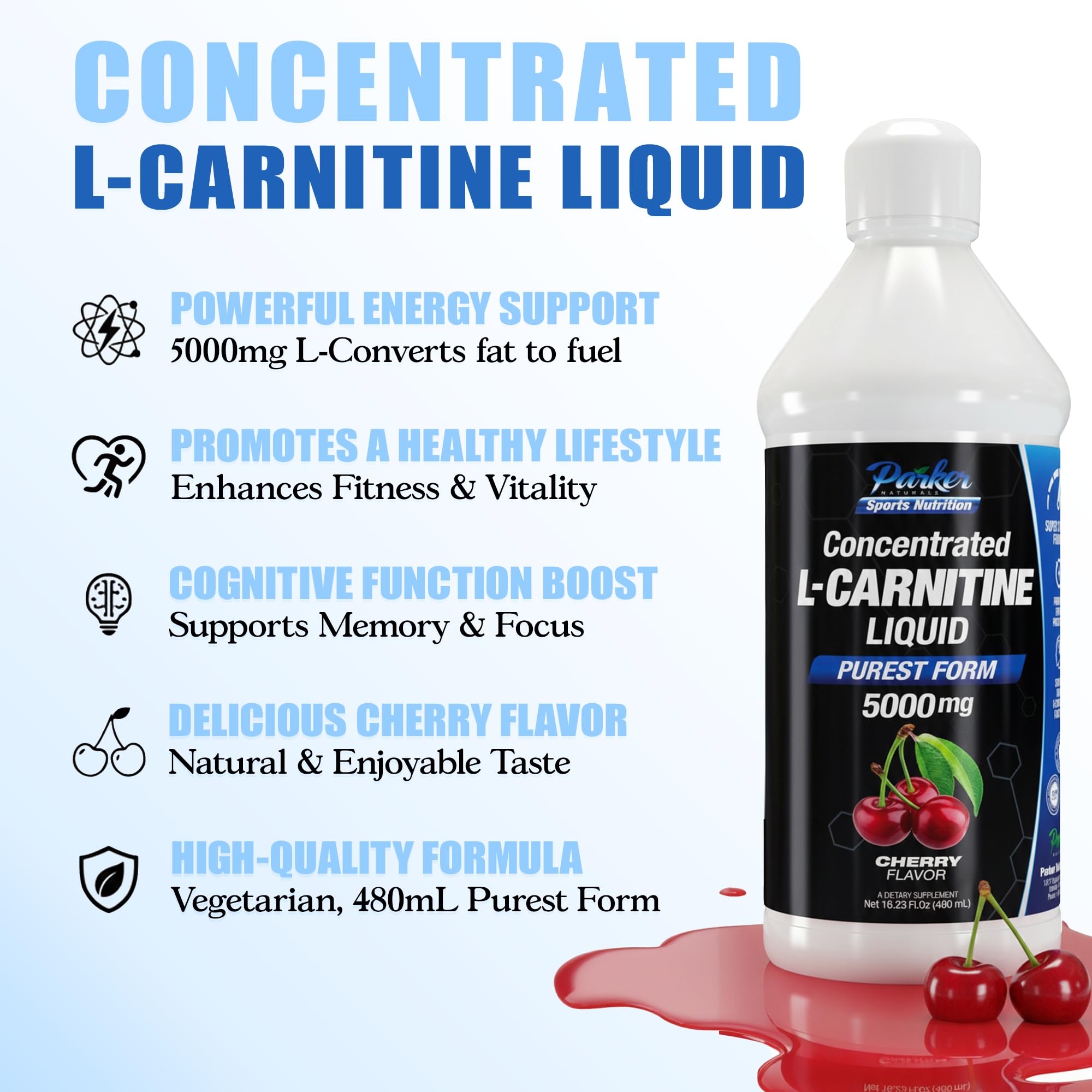 Parker Naturals L-Carnitine liquide, saveur griottes, soutien énergétique au quotidien.