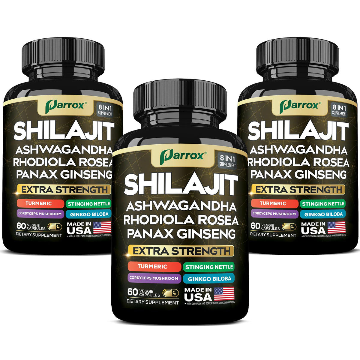 Parrox Shilajit 8-en-1 : bouteille prête à l'emploi pour une routine simplifiée.