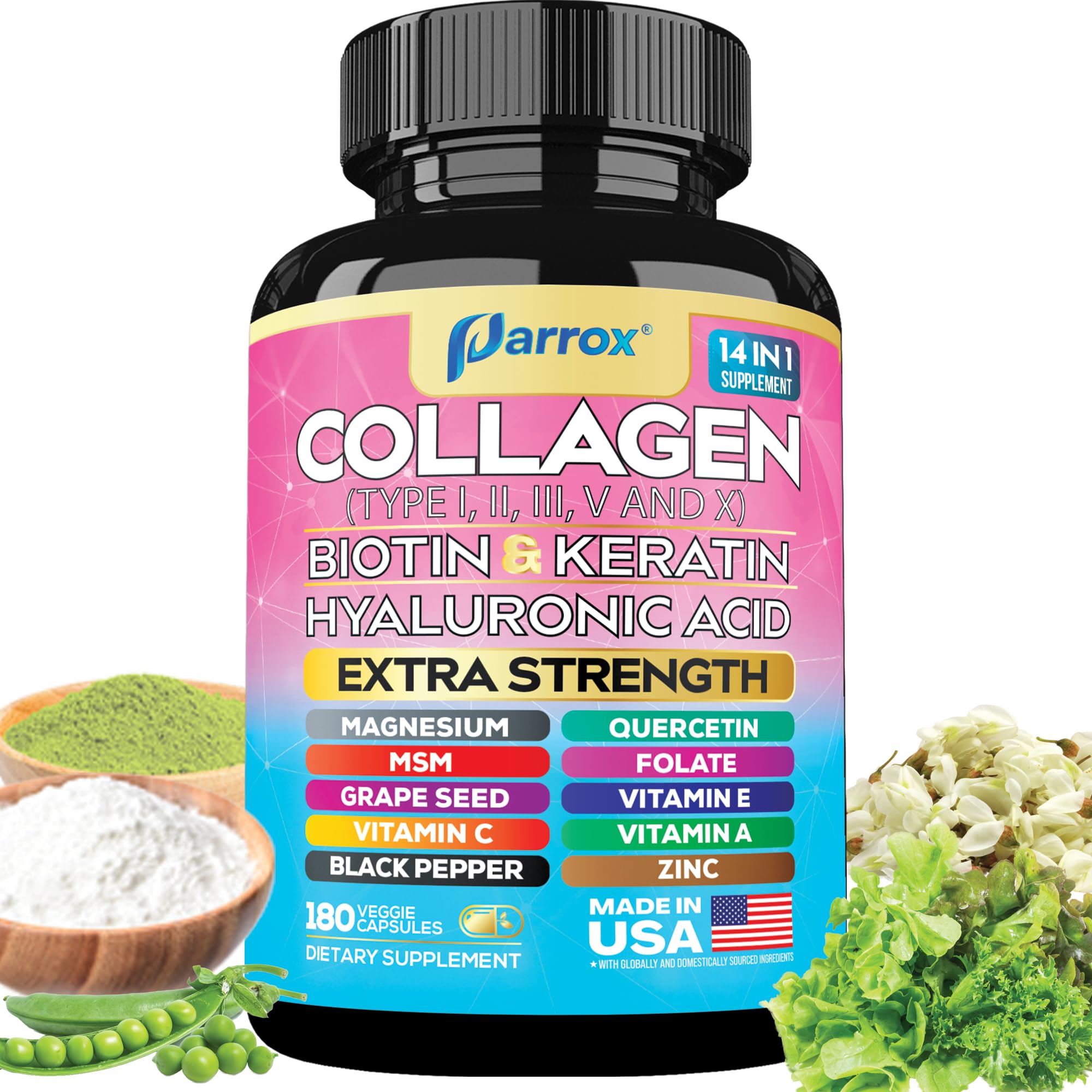 Parrox Collagene 14-en-1, bouteille élégante soutenant peau, cheveux et ongles.