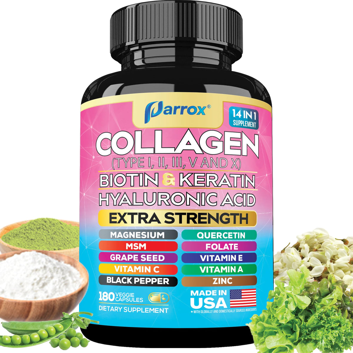 Parrox Collagene 14-en-1, bouteille élégante soutenant peau, cheveux et ongles.