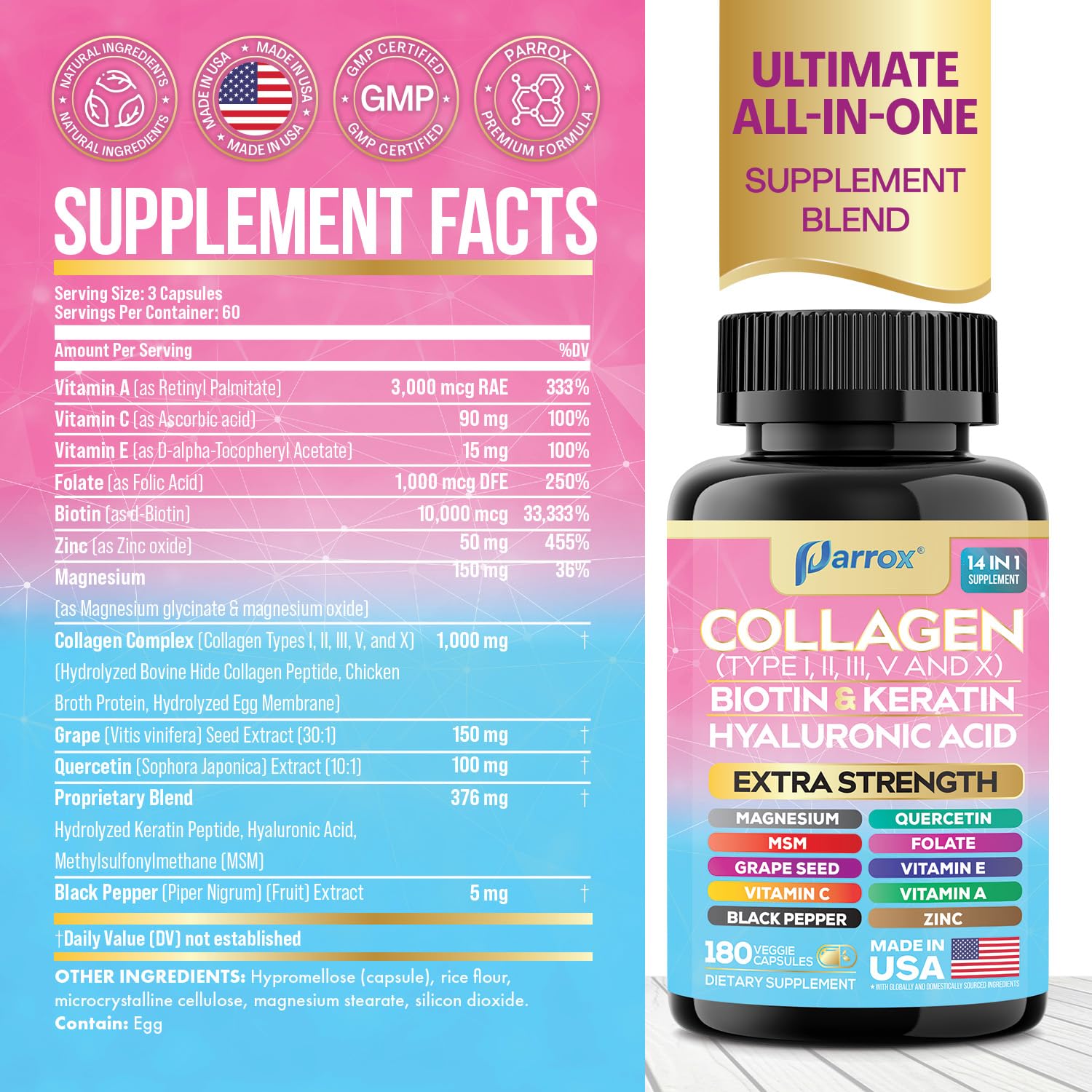 Parrox Collagene 14-en-1, étiquette claire facilitant l’utilisation quotidienne.