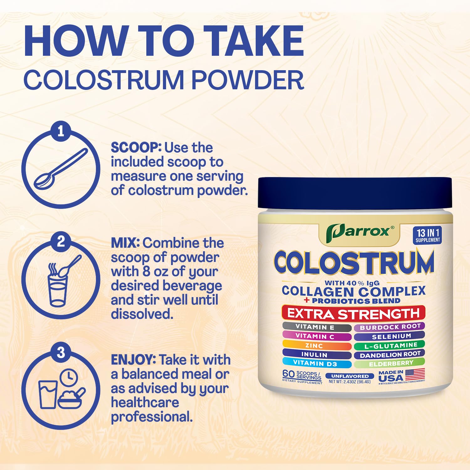 Parrox Colostrum Poudre – goût neutre et polyvalent.