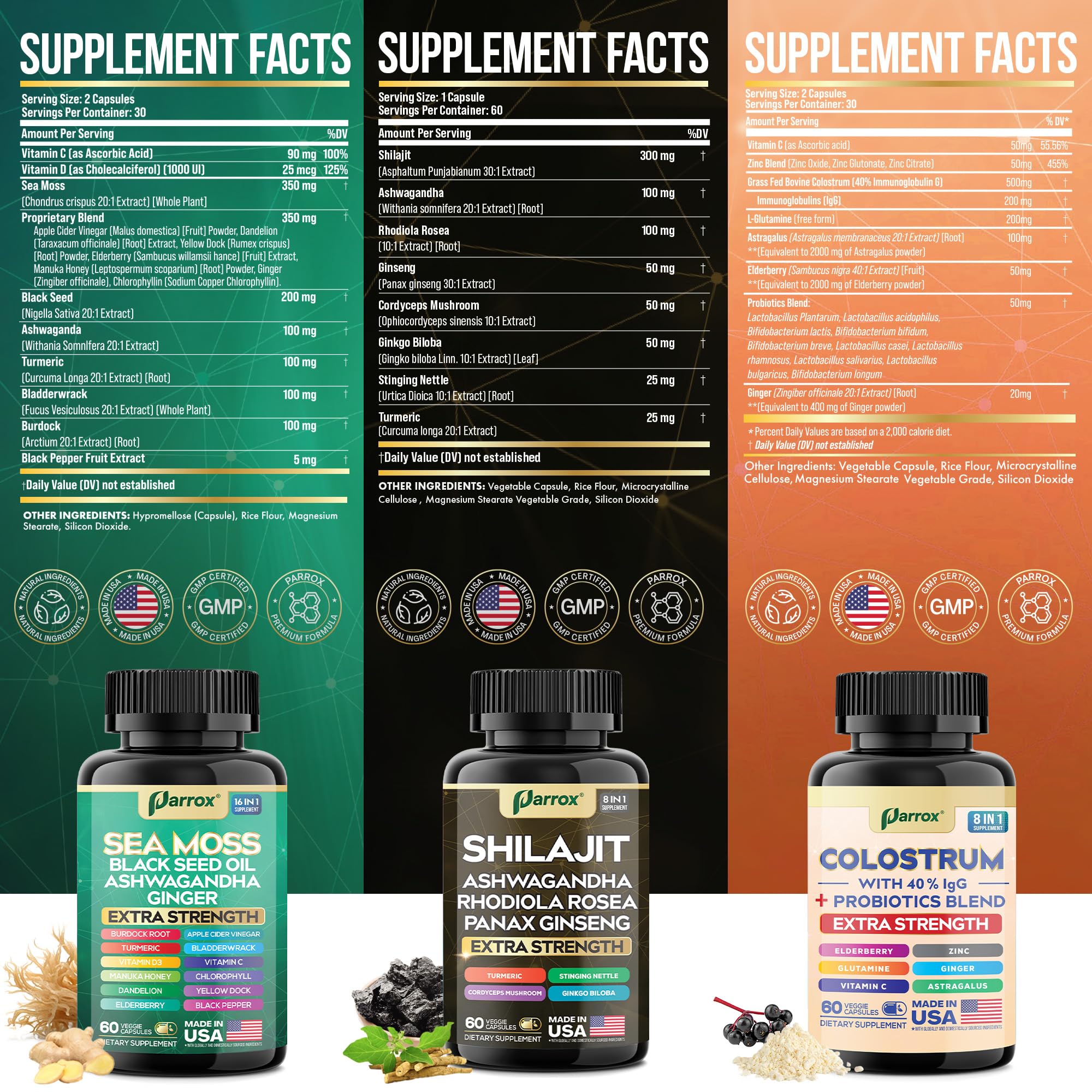 Parrox Complete Vitality Trio – capsules Colostrum Probiotiques soutiennent digestion et immunité potentielle.