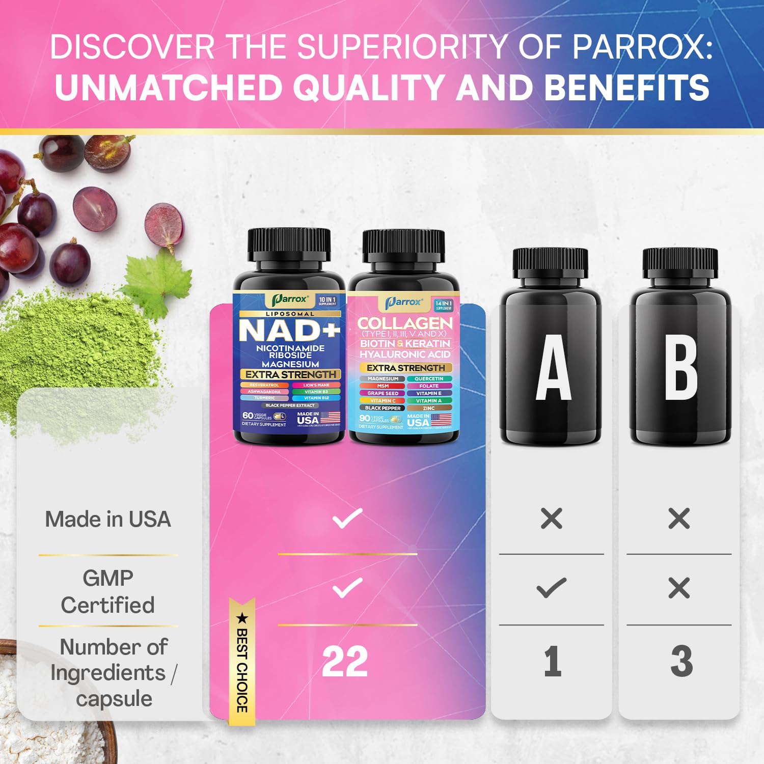 Parrox Forever Young – collagène types I–V pour peau et cheveux.