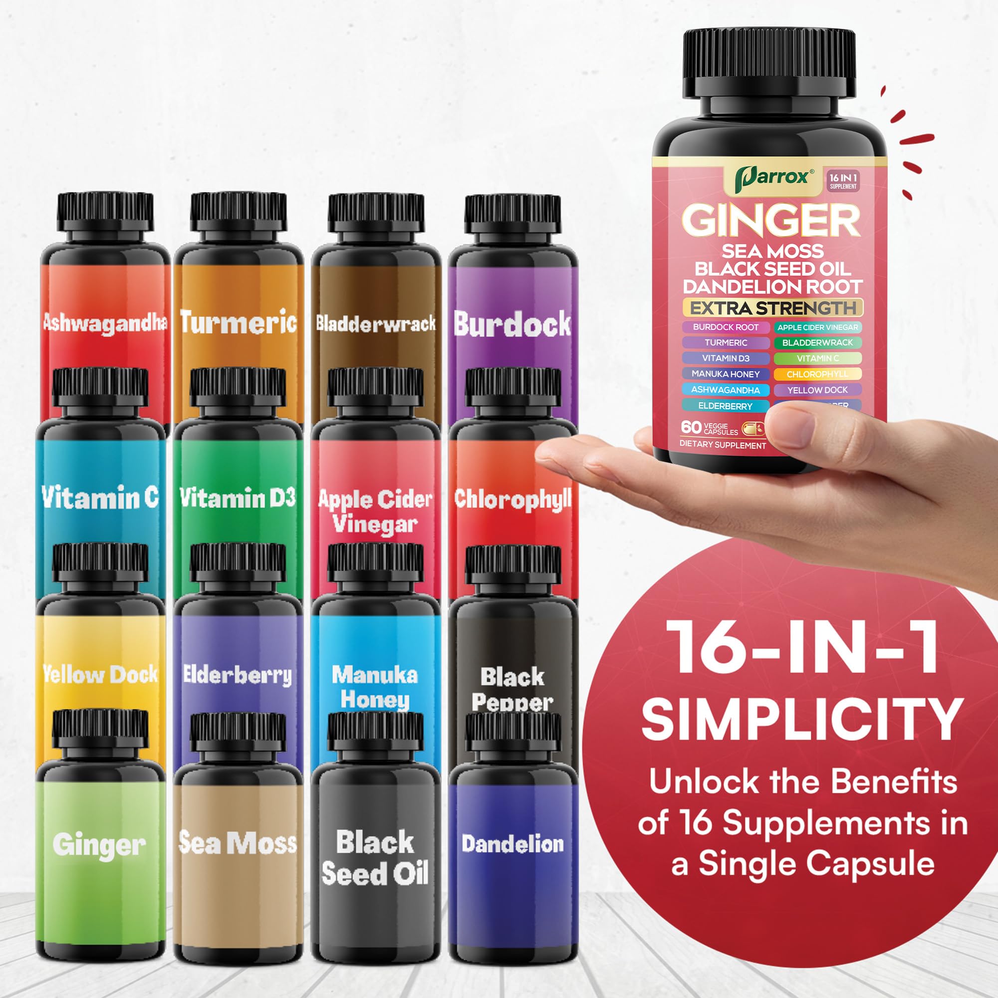 Parrox Gingembre 16-en-1 avec chlorophylle, couleur naturelle et énergie légère.