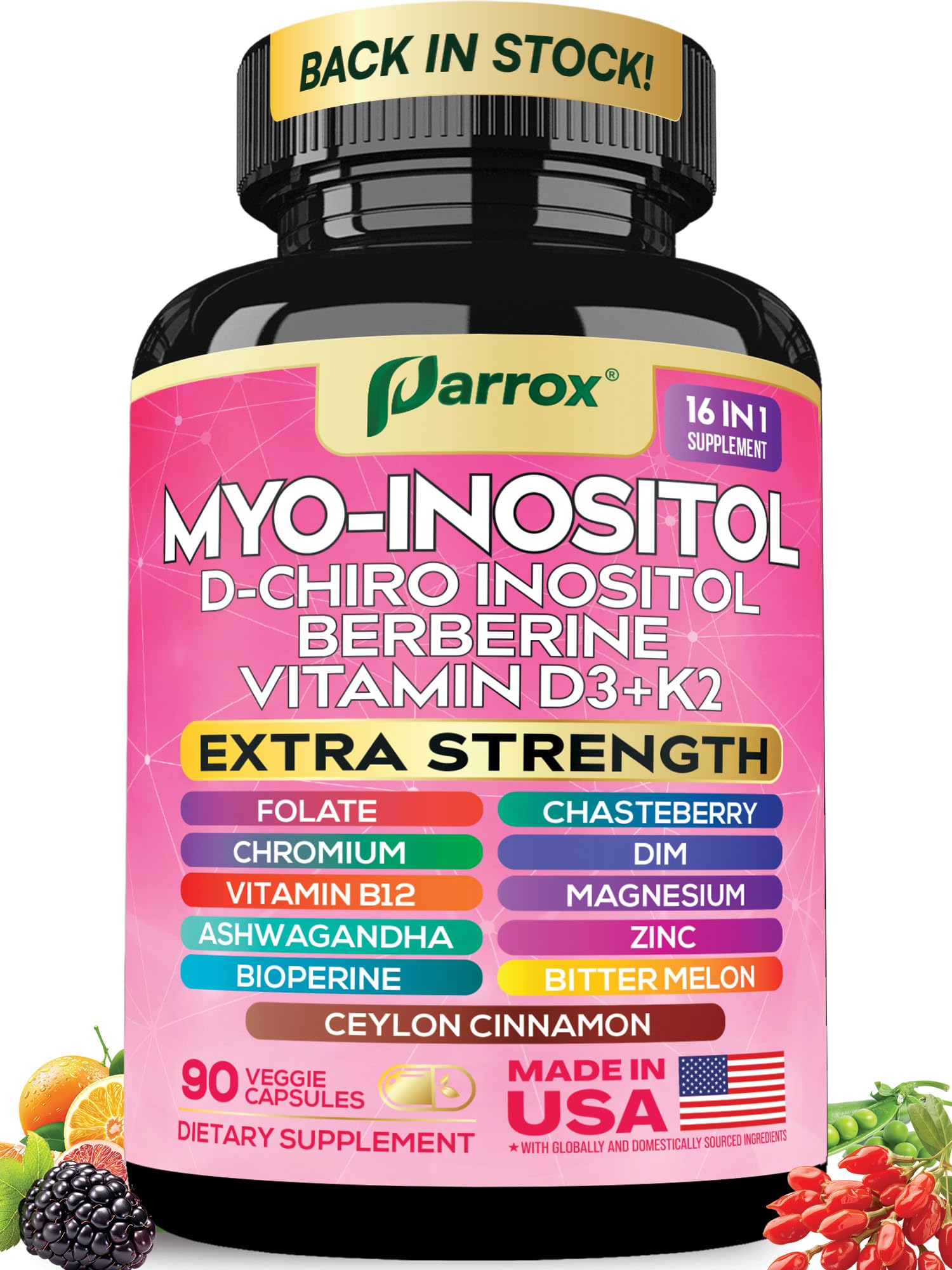Parrox Myo Inositol – bouteille visible ; soutien potentiel à l équilibre hormonal et énergie quotidienne.
