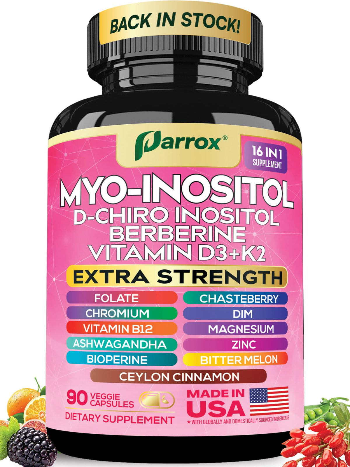 Parrox Myo Inositol – bouteille visible ; soutien potentiel à l équilibre hormonal et énergie quotidienne.