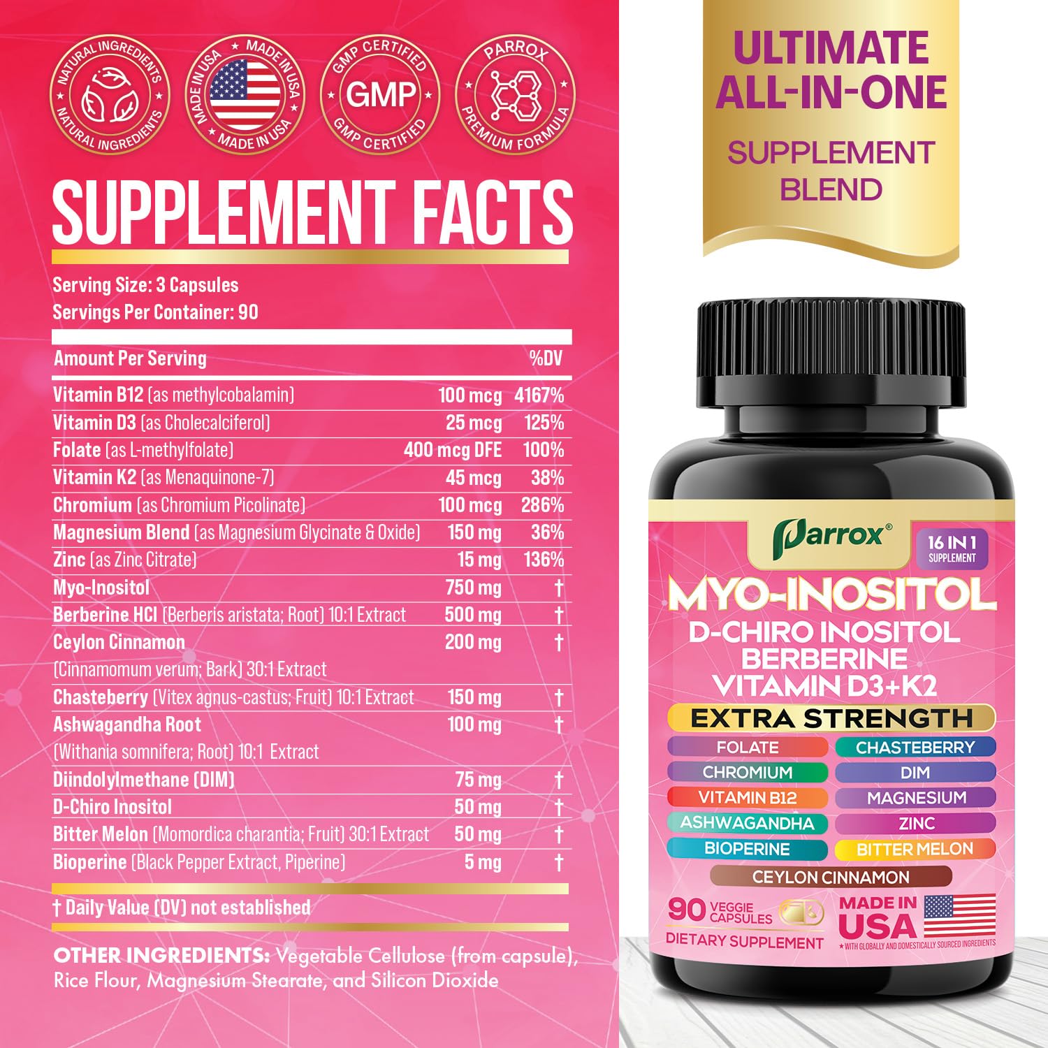 Parrox Myo-Inositol – détails des ingrédients et nutriments clés.