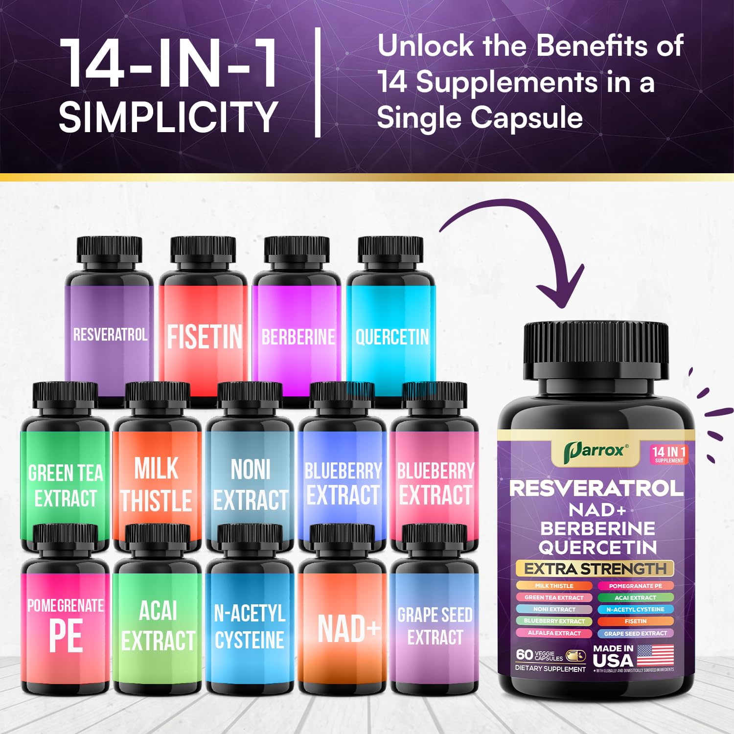 Parrox Resveratrol: tableau nutrition affichant les valeurs clés et le format dosé