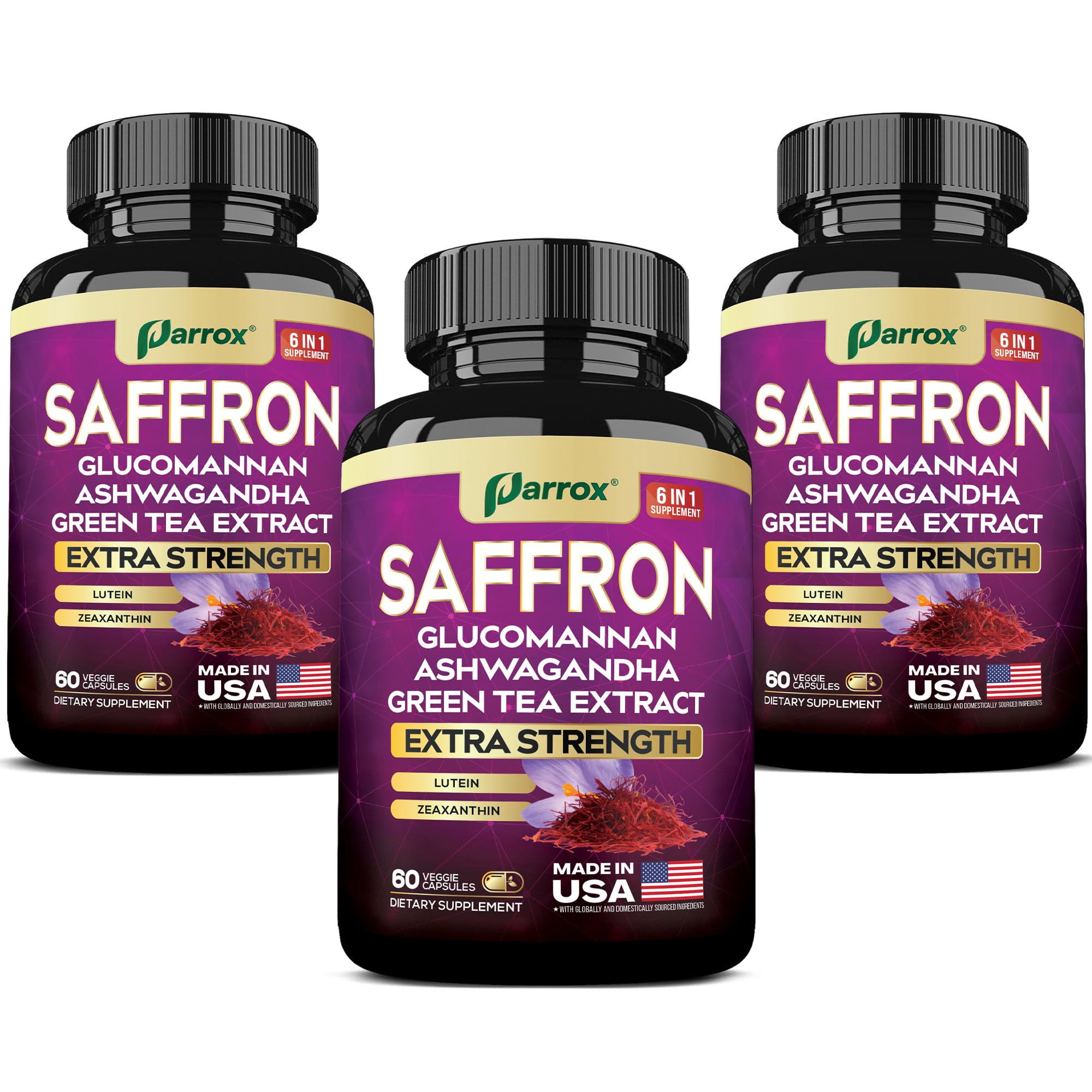 Parrox Safran: capsules 6-en-1 près d'une bouteille pour le bien-être quotidien