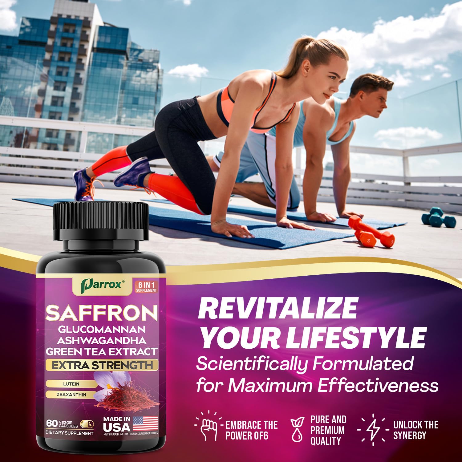 Parrox Saffron, produit vegan sans OGM et sans additifs inutiles.