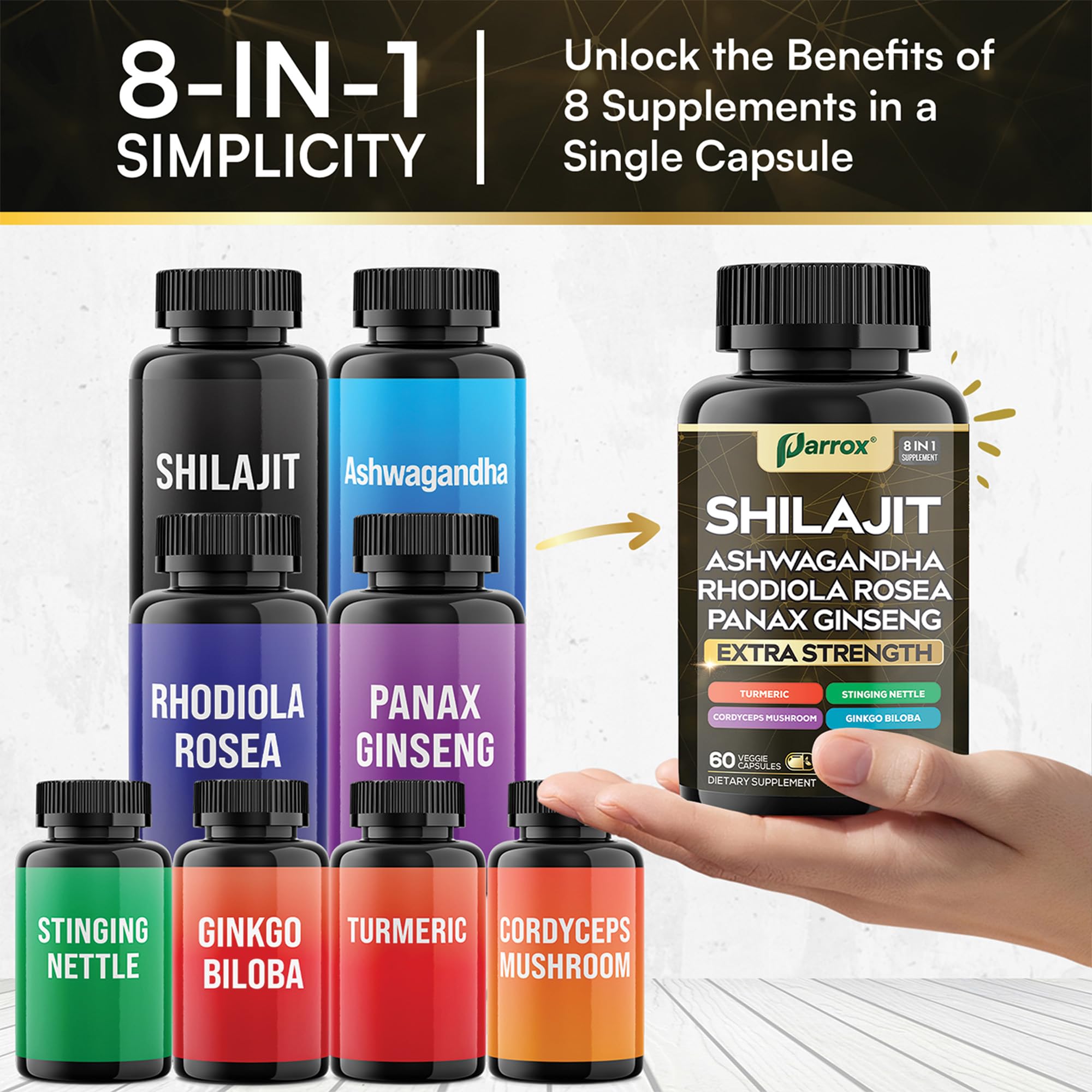 Parrox Shilajit 8 en 1 — Énergie et bien-être: formulation tout-en-un pratique.