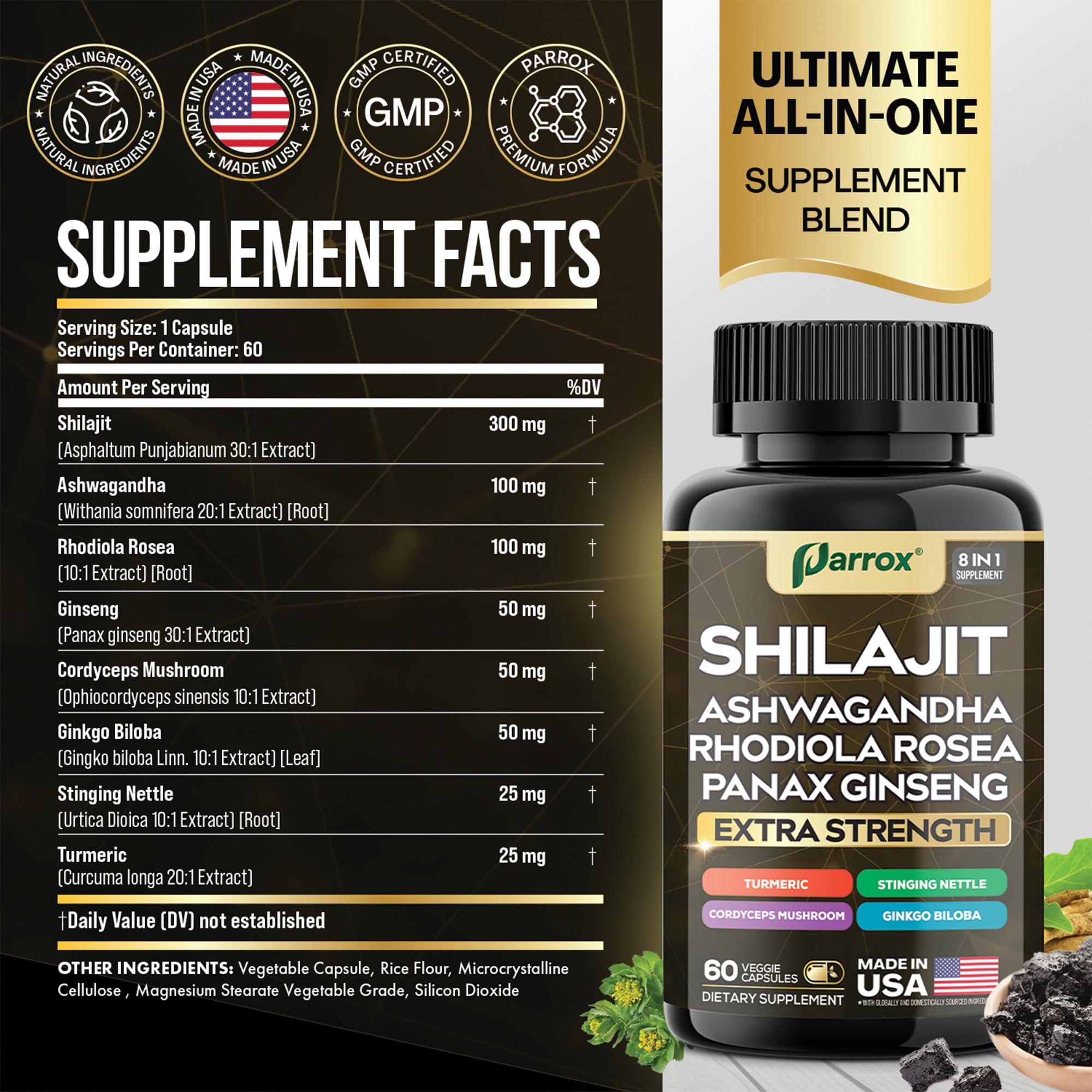 Parrox Shilajit 8 en 1 — Gélules: prise facile et durable au quotidien.