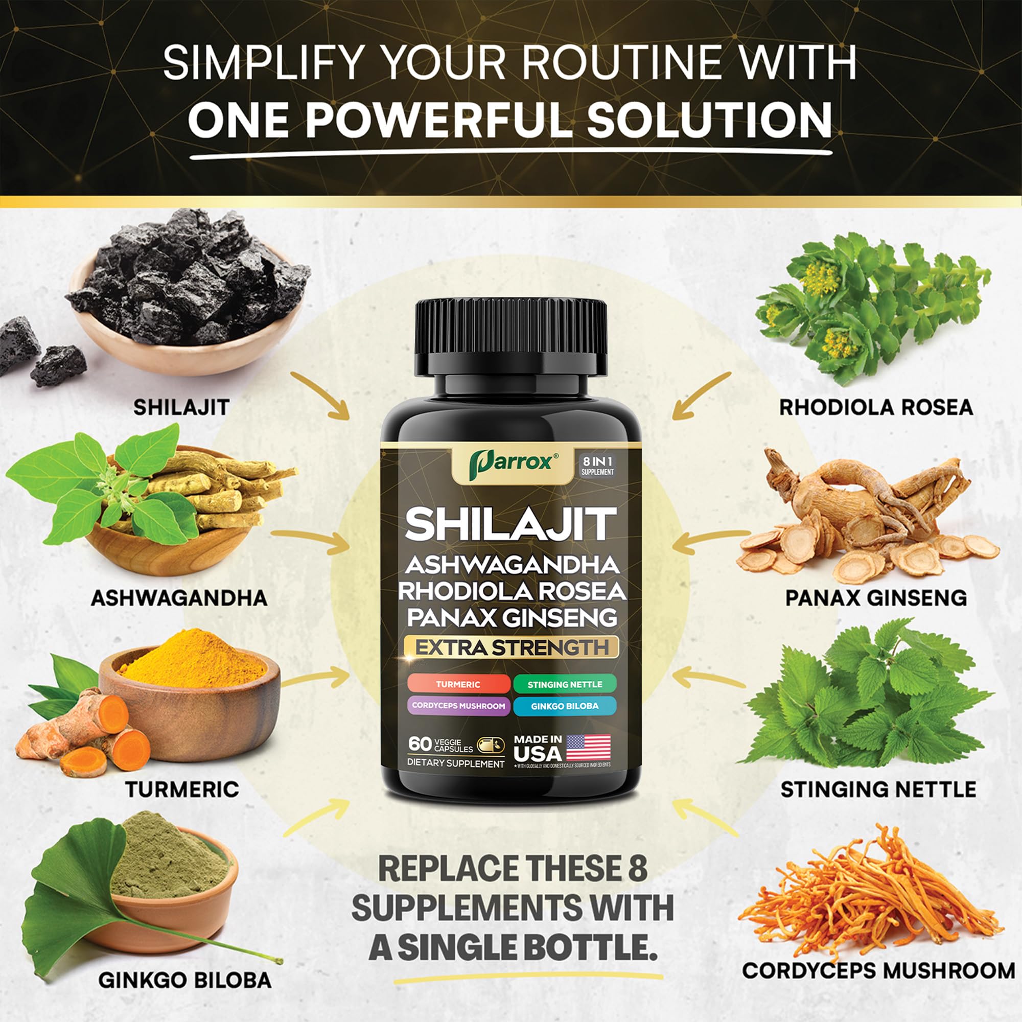 Parrox Shilajit 8 en 1 — Ingrédients: mélange premium pour une routine botanique.