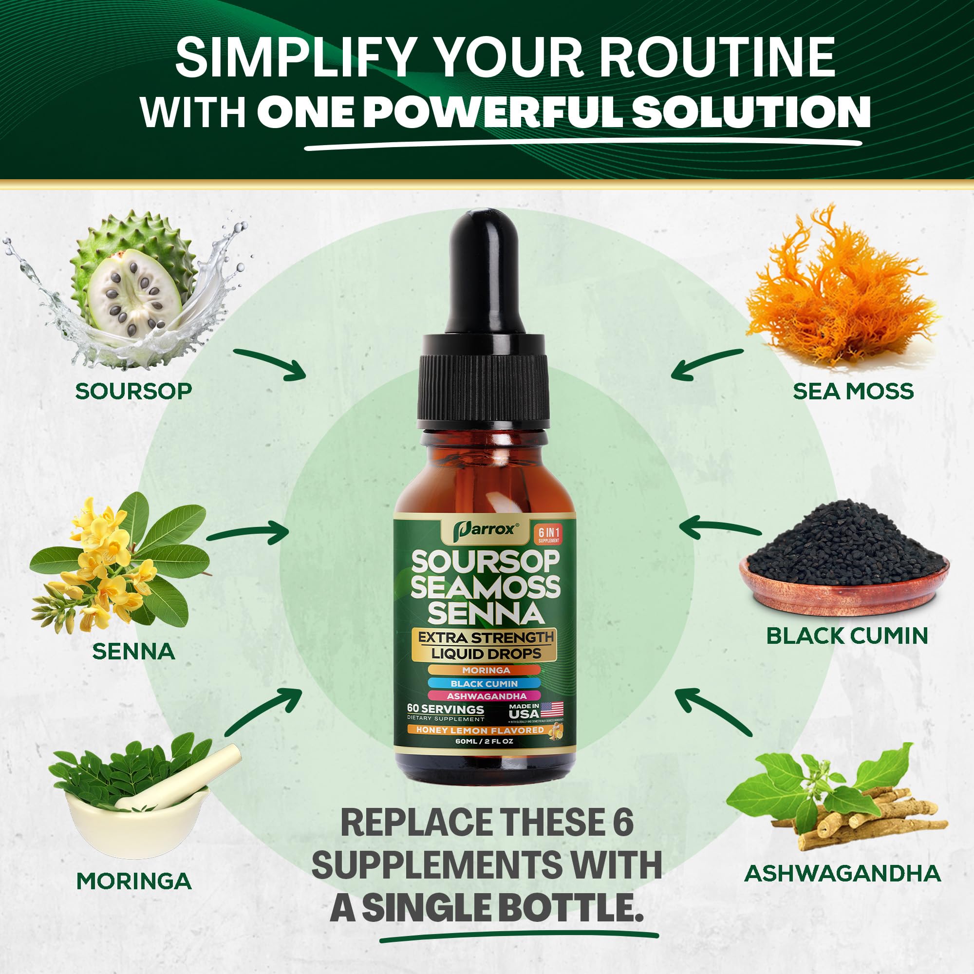 Parrox Soursop Seamoss Senna – flacon clair pour routine quotidienne