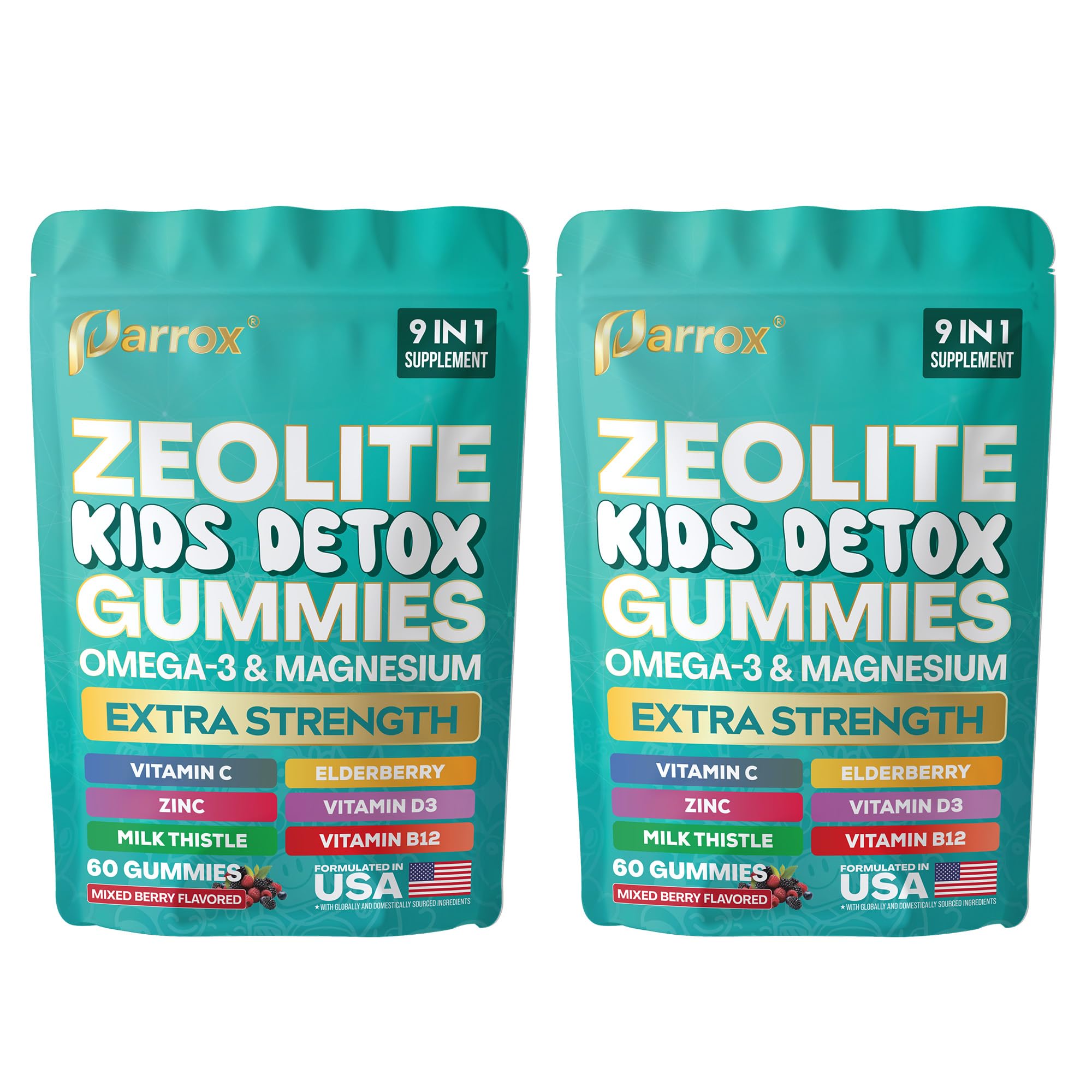 Parrox Zeolite Kids Detox Gummies — boîte d'emballage pratique à emmener partout.