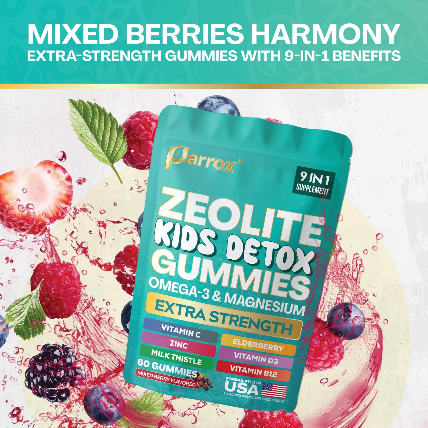 Parrox Zeolite Kids Detox Gummies — emballage résistant et sans déversement en voyage.