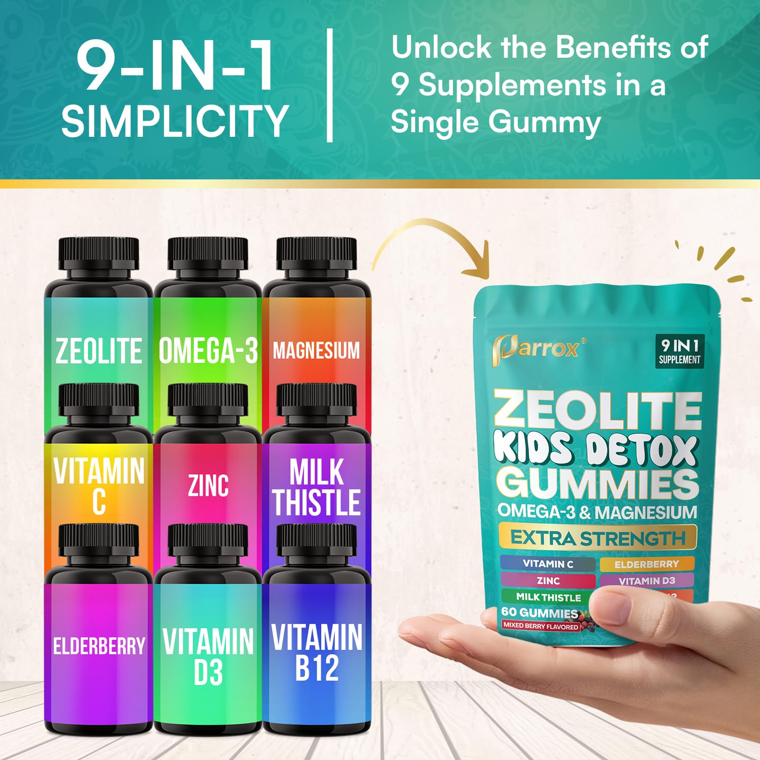 Parrox Zeolite Kids Detox Gummies — formule 9-en-1 facile à intégrer dans la routine.
