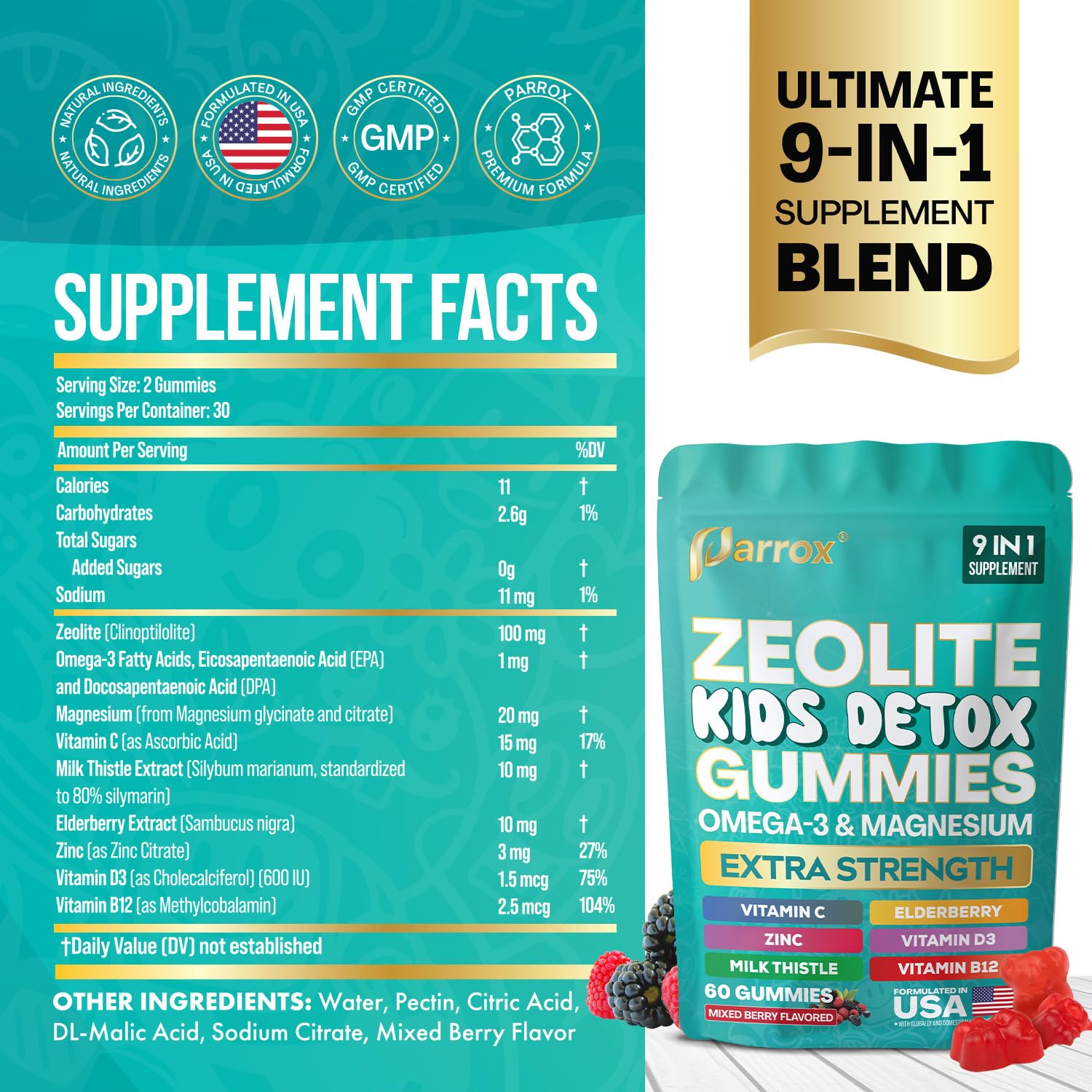 Parrox Zeolite Kids Detox Gummies — gommes goût fruits rouges sans sucre ajouté.