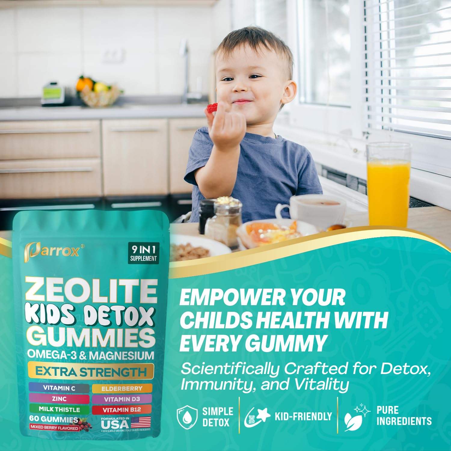 Parrox Zeolite Kids Detox Gummies — texture agréable et sans gélatine pour les enfants.