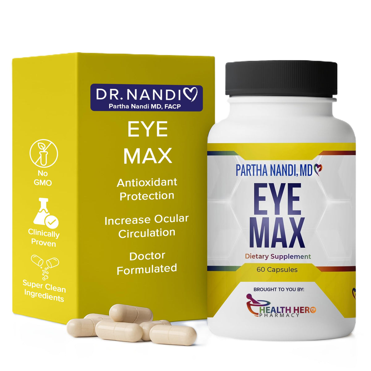 Partha Nandi Eye Max: bouteille et capsules, soutien quotidien à la santé visuelle.