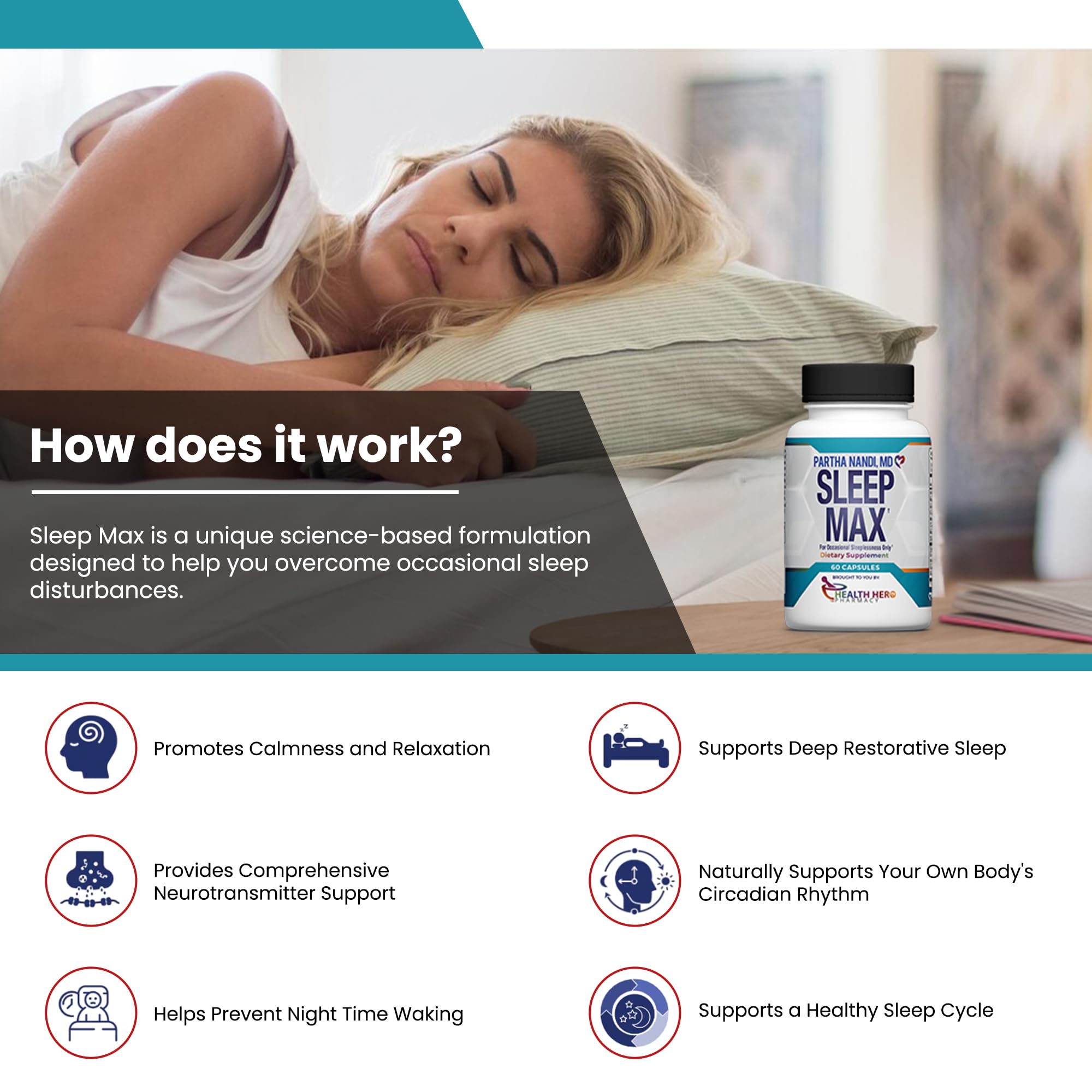 Ingrédients clés Sleep Max: magnésium et taurine favorisant la relaxation.