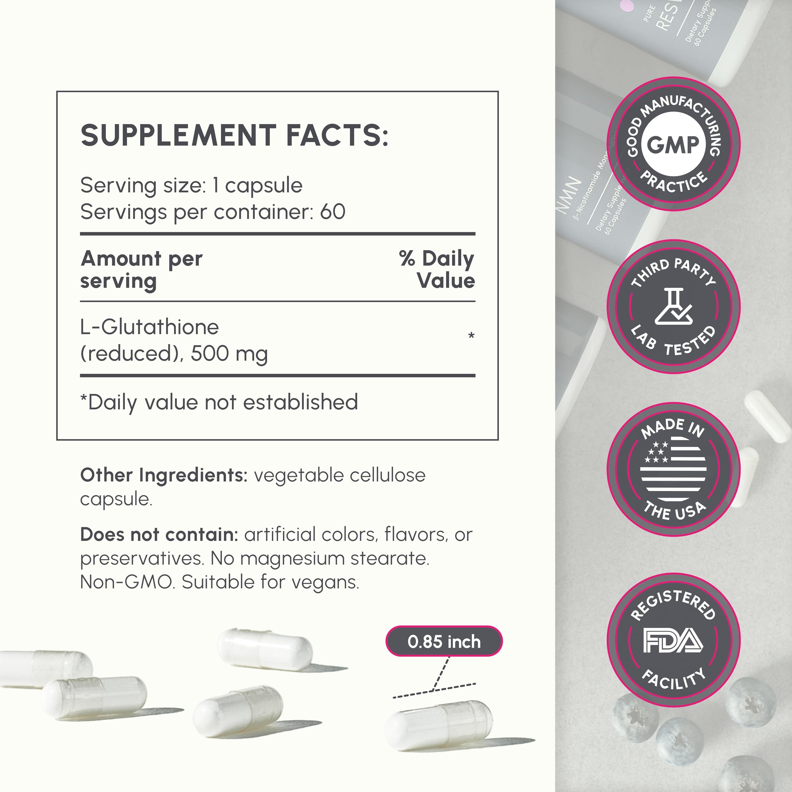 PartiQlar Pure L-Glutathione 500mg – Emballage pratique pour une utilisation durable et économique.