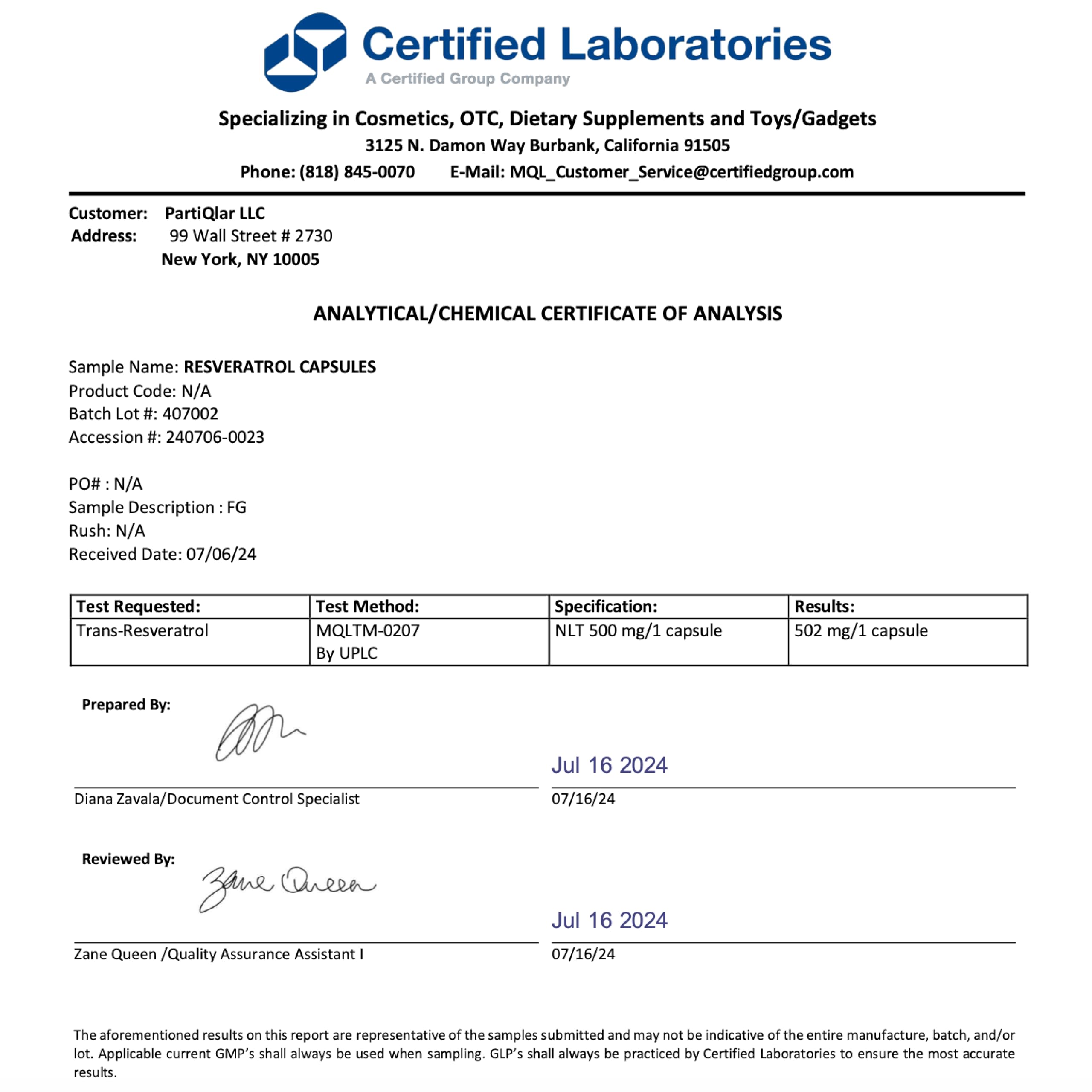 Emballage PartiQlar Trans‑résvératrol, symbole végan et packaging durable.