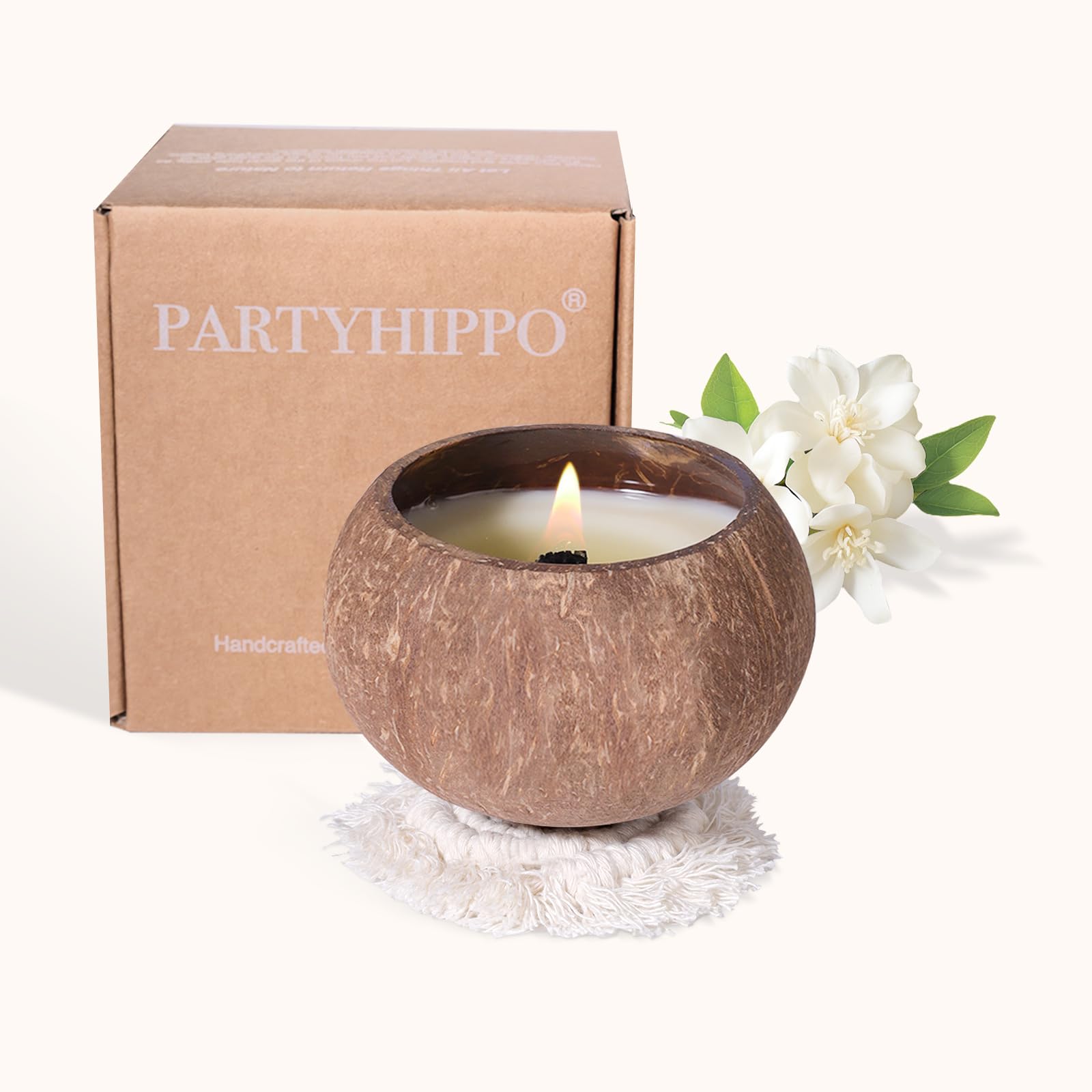 Bougie PARTYHIPPO en coquille de coco, 60h, ambiance naturelle et relaxante.