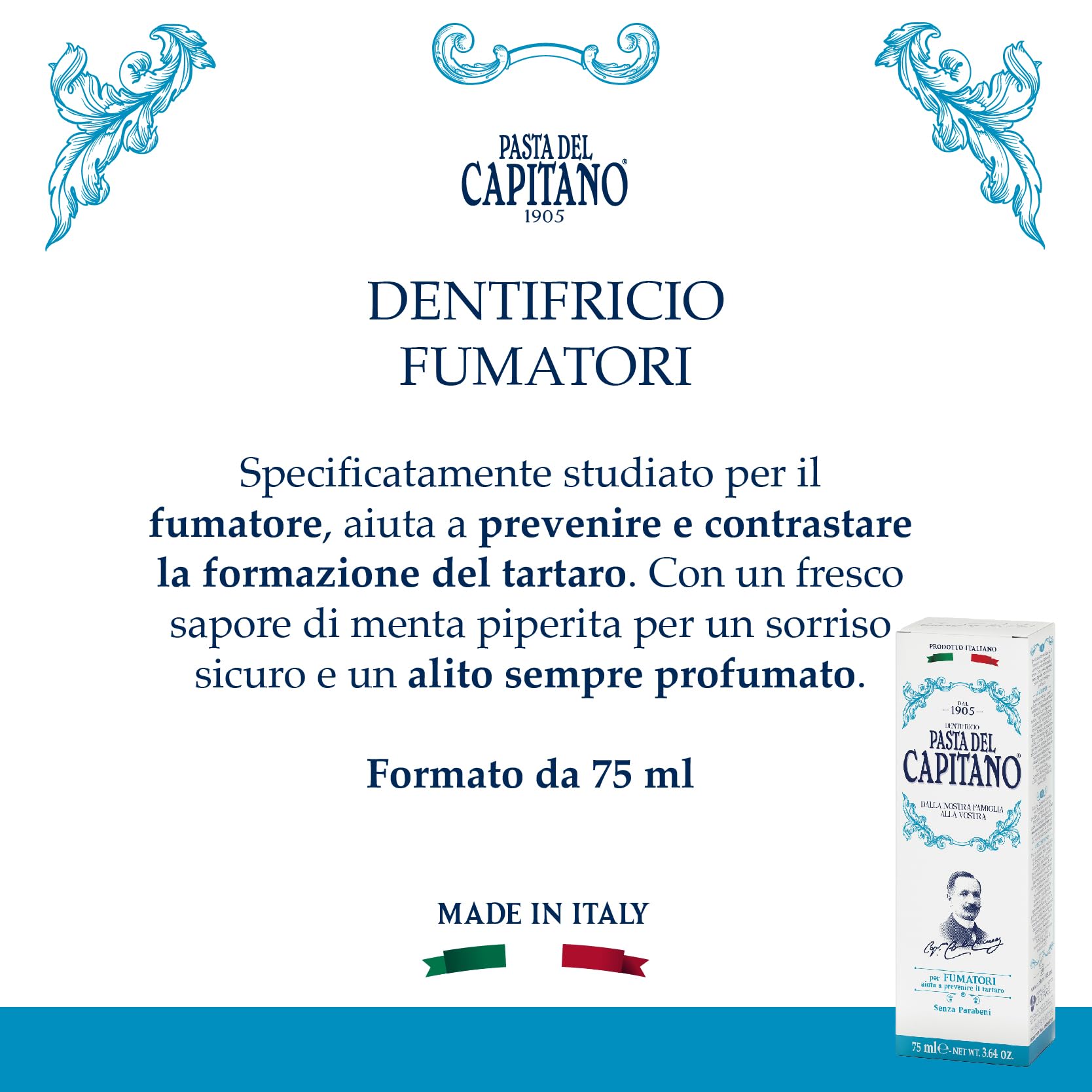 Dentifrice Pasta del Capitano 1905 fumeurs—tube ouvert et menthe rafraîchissante.