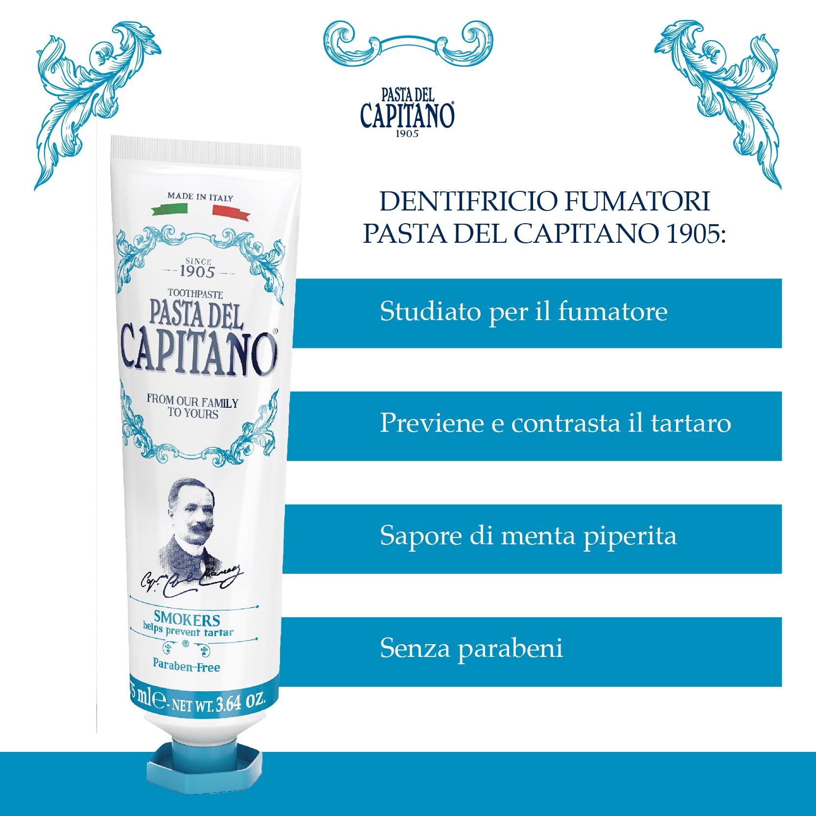 Dentifrice Pasta del Capitano 1905 emballage élégant sur étagère.