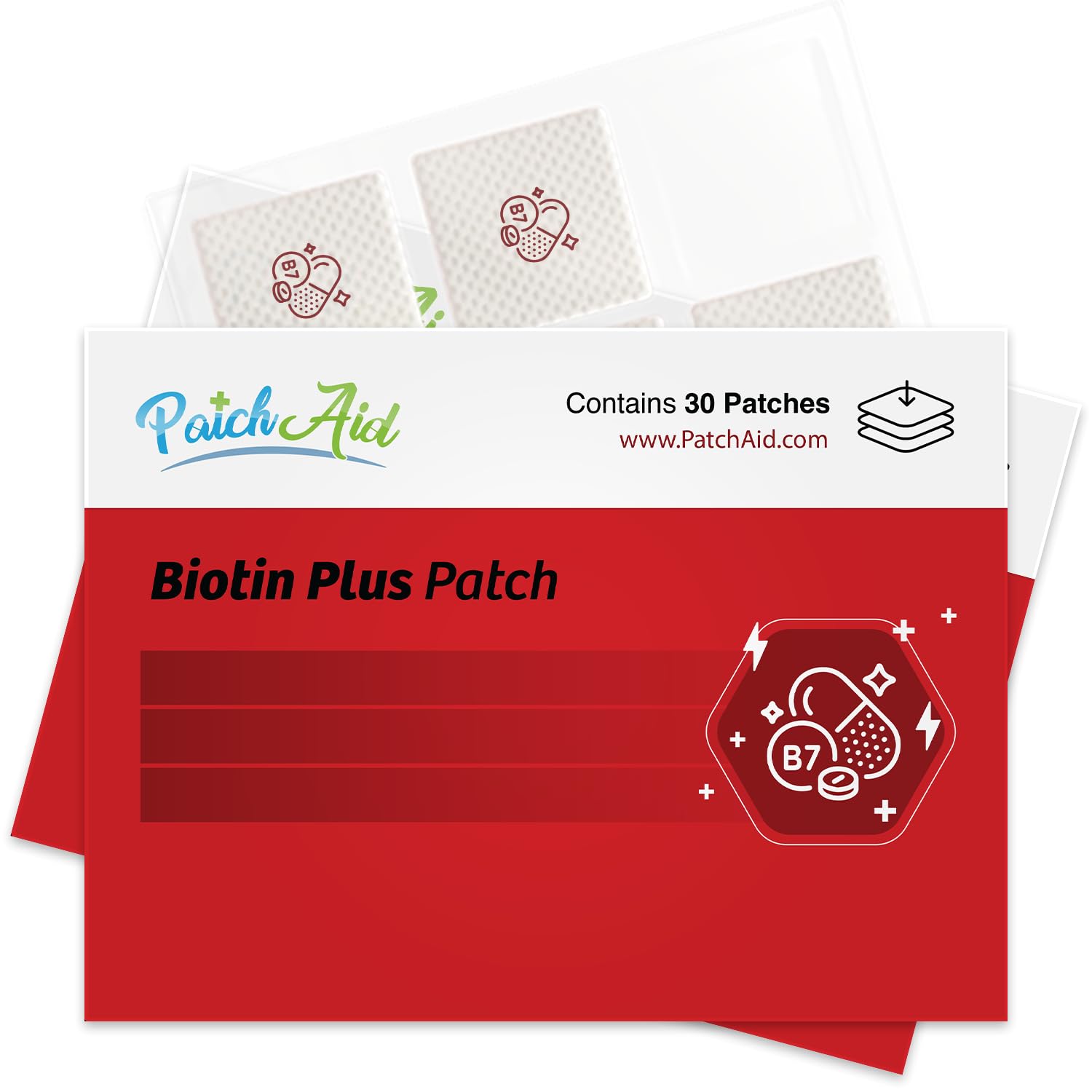 PatchAid Biotine Plus patch emballage prêt à l'emploi et sans allergènes.