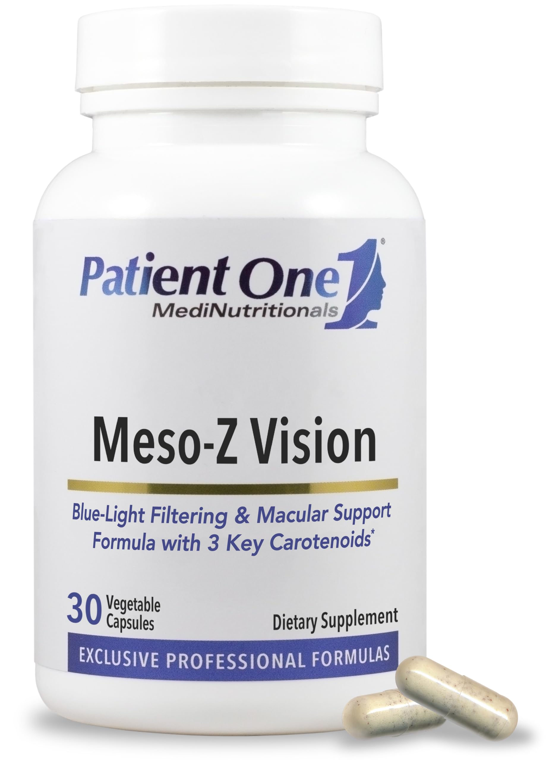 Patient One Meso-Z Vision: bouteille, soutien potentiel de la santé oculaire et du confort visuel.