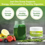 Bouteille Patriot Power Greens avec dose quotidienne pratique.