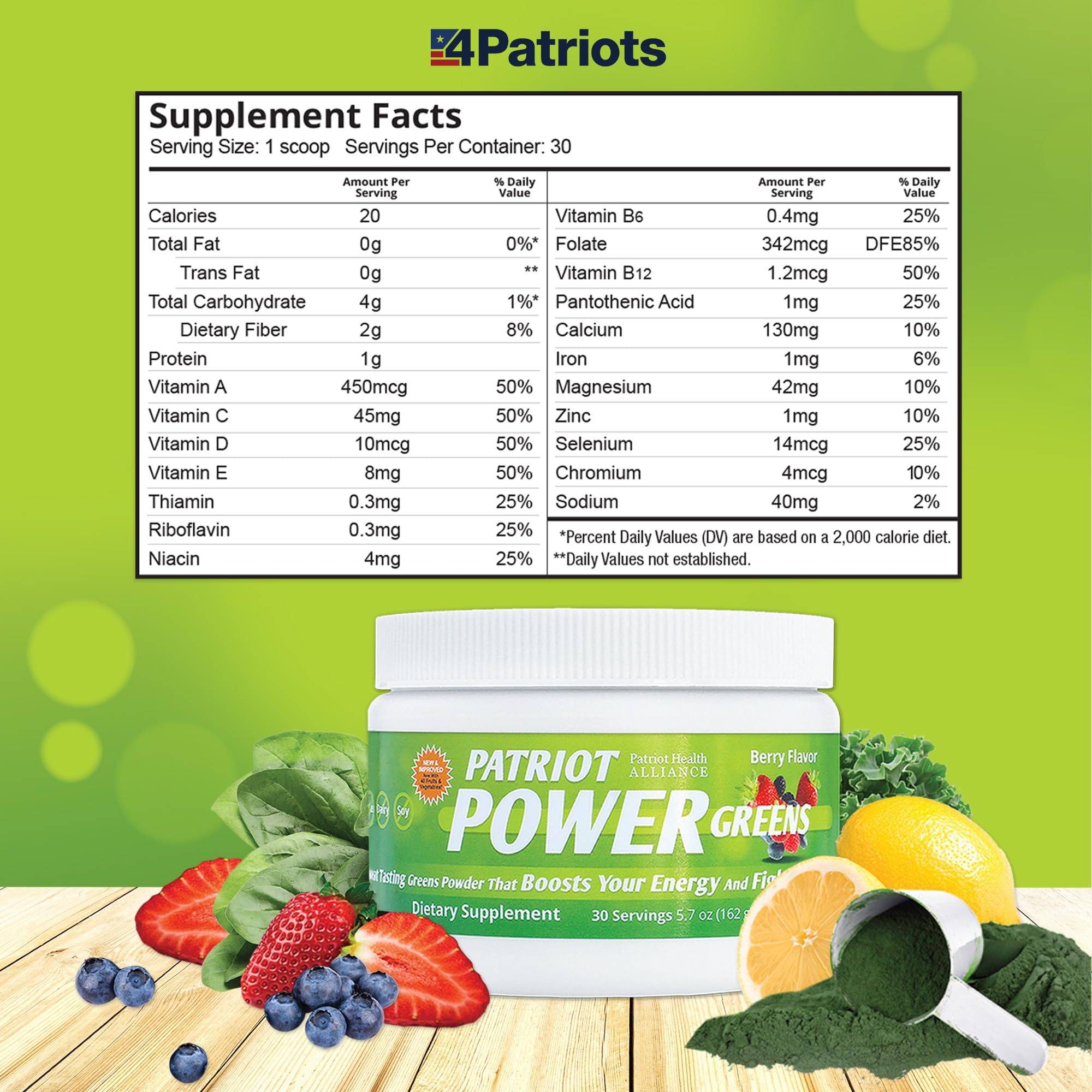 Pot dosage Patriot Power Greens facilitant des portions régulières.