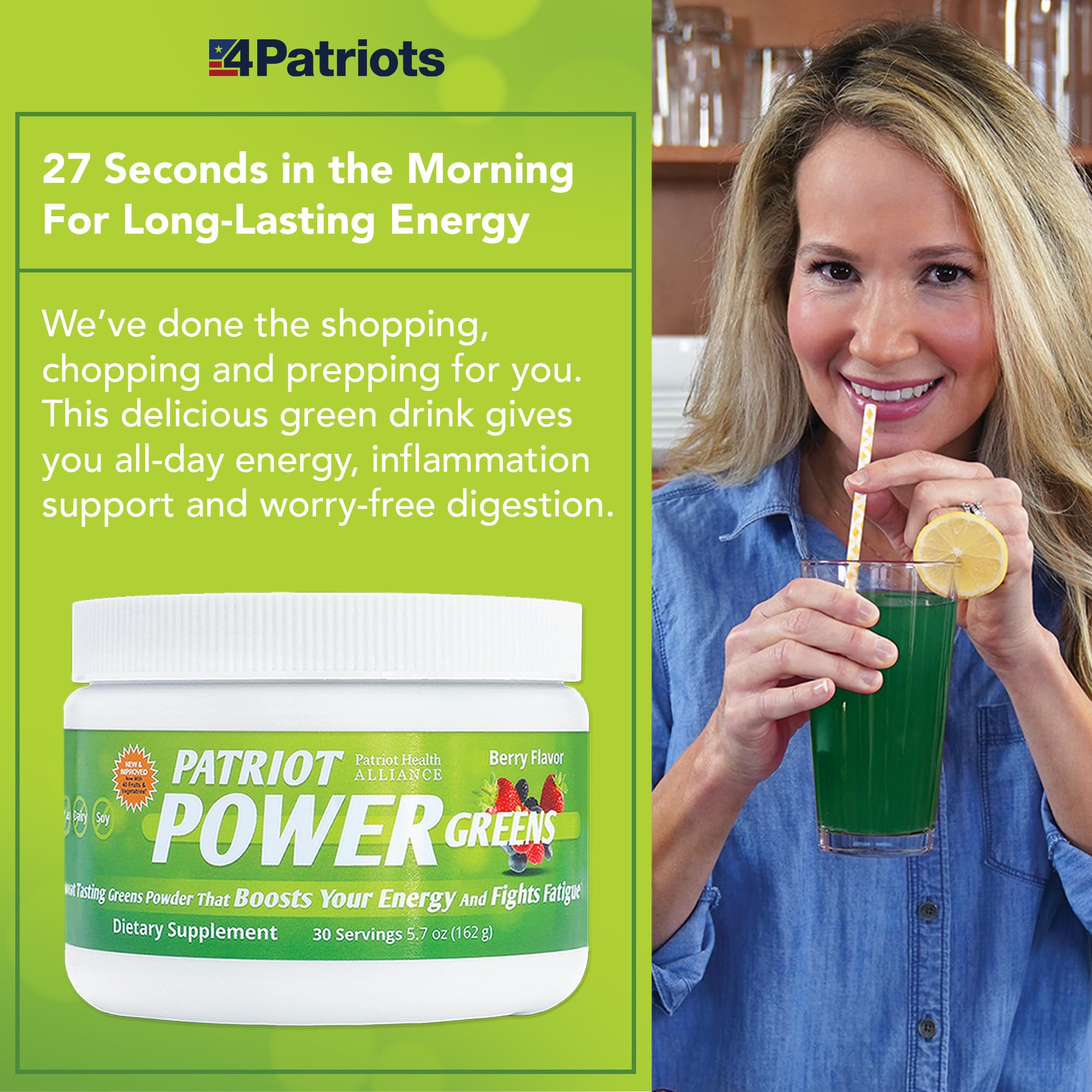 Patriot Power Greens poudre verte pour des shakes pratiques et sains.