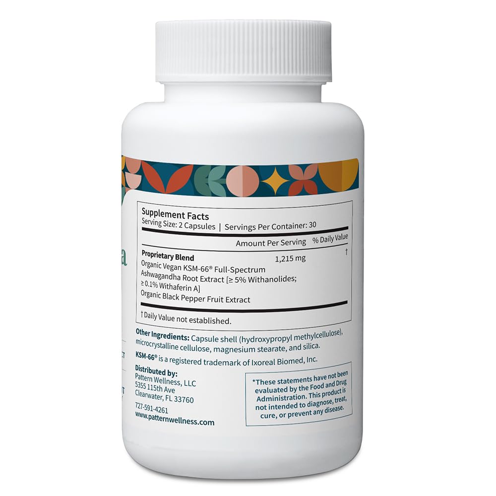 Pattern Wellness Ashwagandha Complex - étiquette lisible, origine biologique et formulation naturelle.
