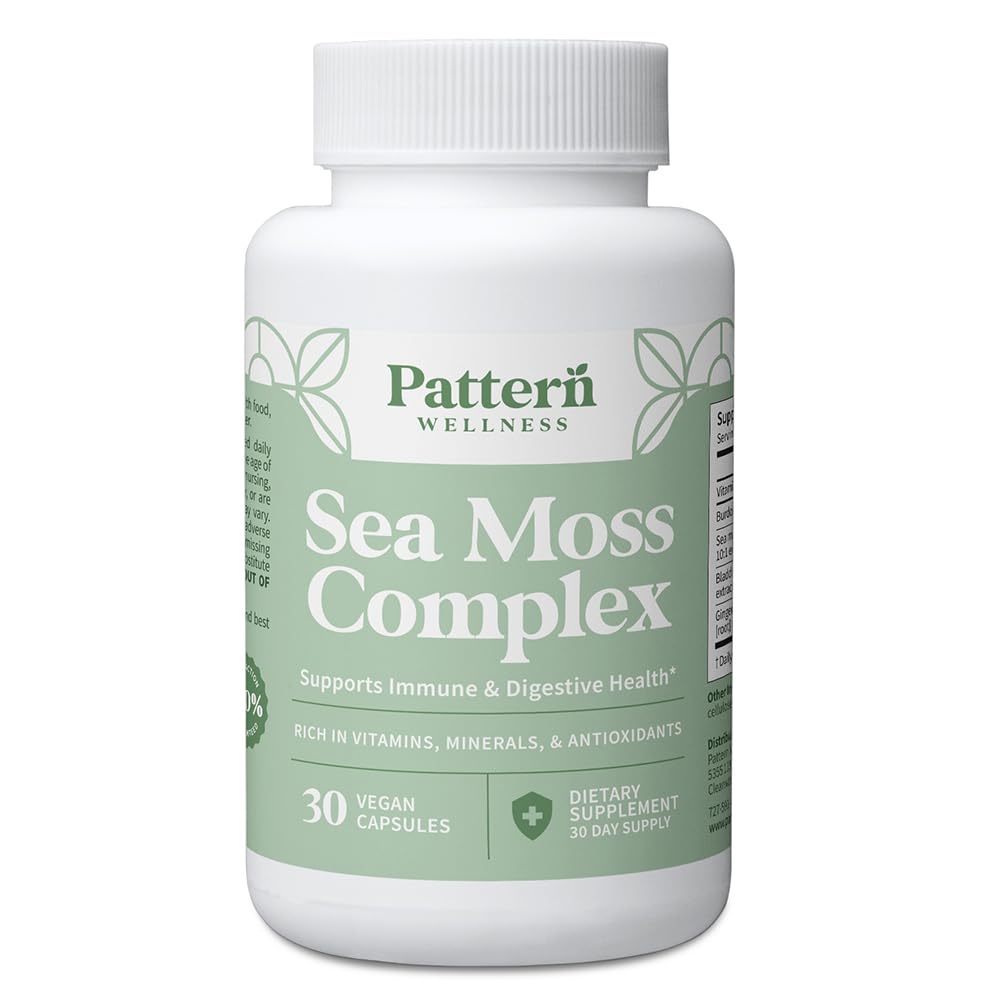 Pattern Wellness Sea Moss Complex – bouteille de gélules pour le quotidien, soutien potentiel immunitaire.