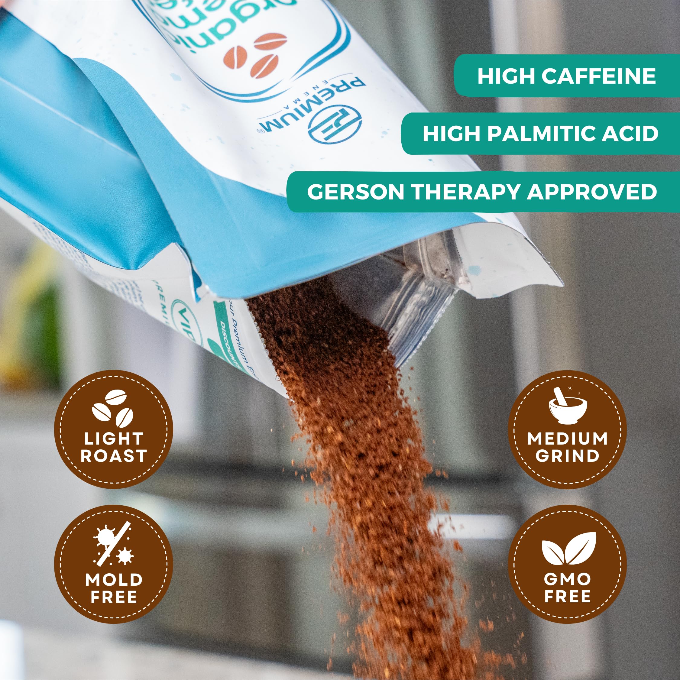 PE Premium Enema Café biologique mouture moyenne pour une préparation homogène.