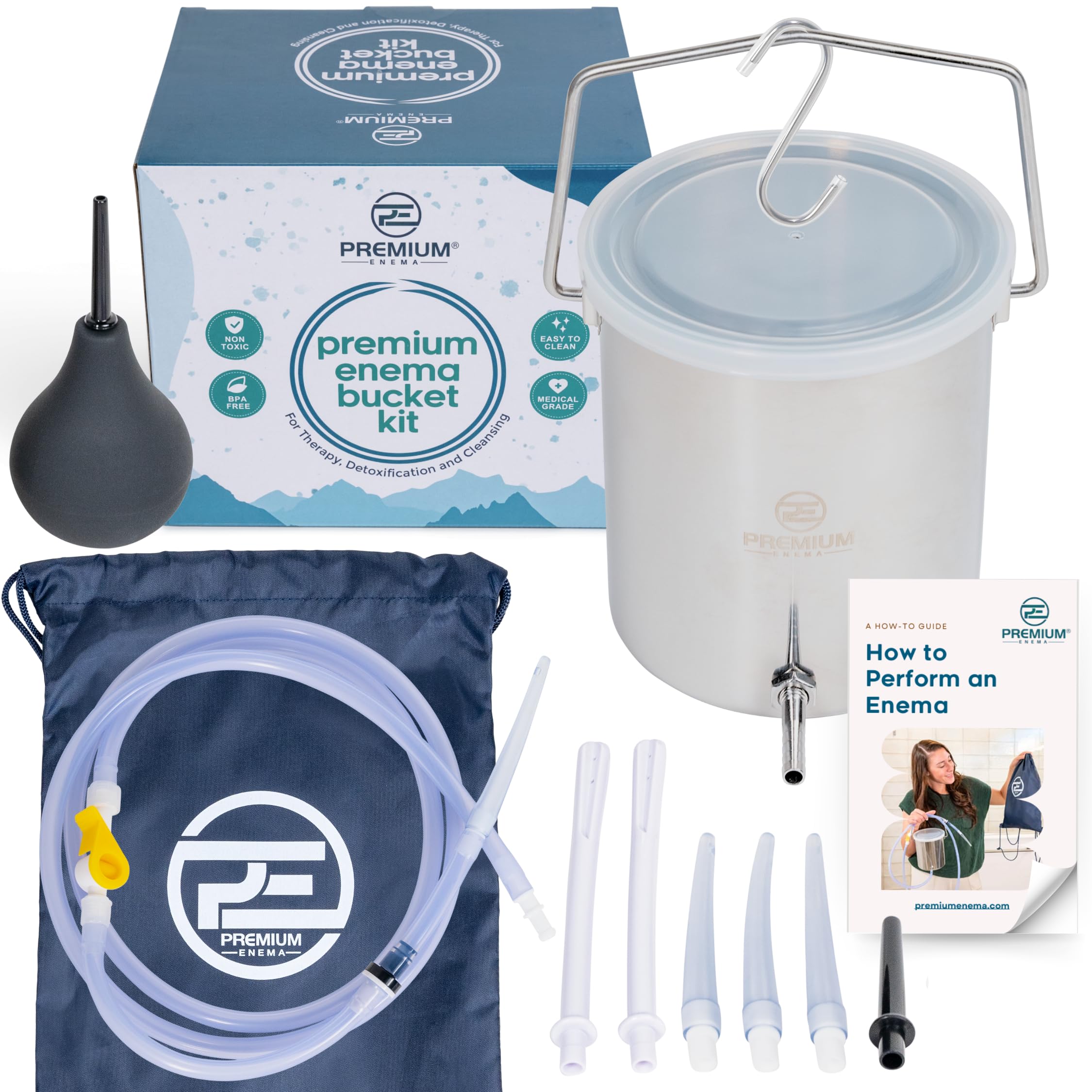 PE Premium Enema, seau inox 304 de 2 litres, hygiène fiable pour vos séances.