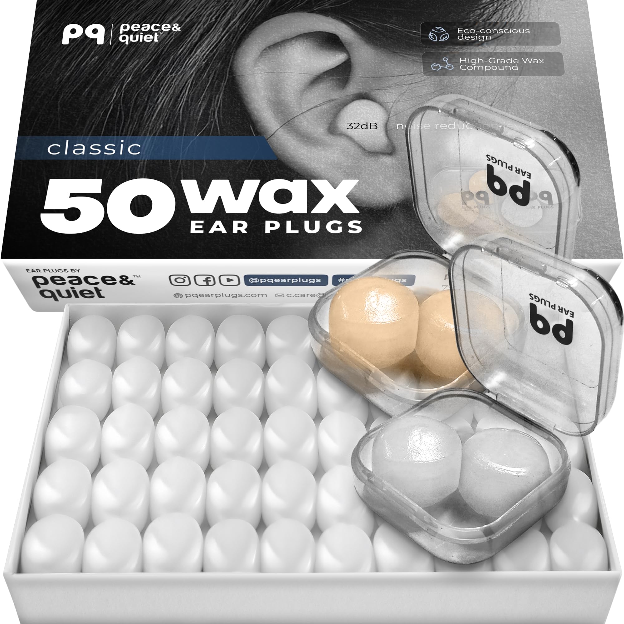 Peace&Quiet bouchons cire Sommeil – emballage de 50 bouchons pour réduire les nuisances sonores.