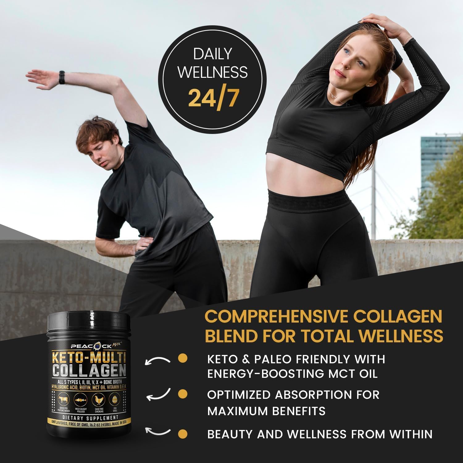 Absorption améliorée grâce au collagène hydrolysé Peacock Max Keto Multi Collagen Peptides.