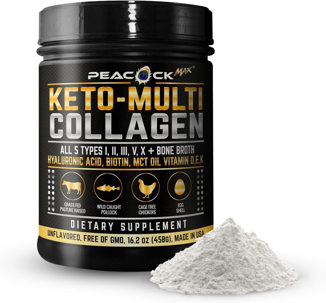 Peacock Max Keto Multi Collagen Peptides – Bouteille pratique pour usage quotidien et beauté.